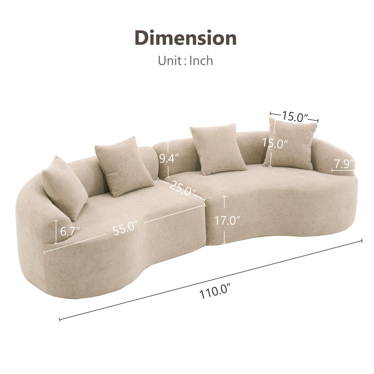 110'' Modern Curved Sofa Sectional, Arc 4-Seater Foam Couch Compressed in-a-Box, Boneless Cloud Couch with Extra-Deep-Wide Seats in Comfortable Chenille, No Assembly, Apricot Taupe Olodumare