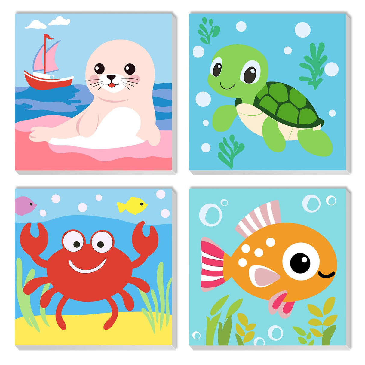 QENSPE Framed 4 Pack Paint by Numbers Kit for Kids,Cute Sea Animals Kids Paint by Number Ages 8-12,Crab and Fish DIY Acrylic Oil Painting Arts on Canvas for Children Beginner,Home Wall Decor (8x8inch) QENSPE