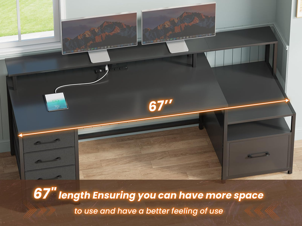 SEDETA Computer Desk with 5 Drawer, Power Outlet & Led Lights, 66'' Home Office Desk with File Drawer, Storage, Monitor Shelf, Gaming Desk, Black SEDETA