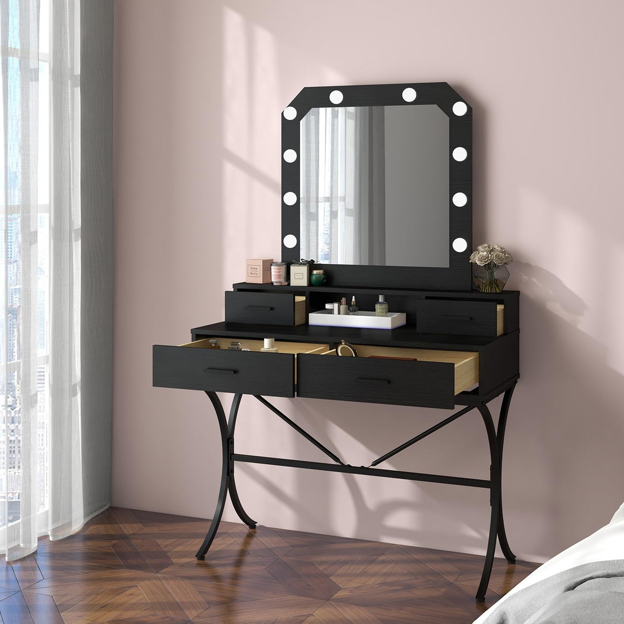 Vanity Table with Lighted Mirror, Modern Makeup Vanity Table with 10 Lights Makeup Desk 4 Drawer Storage Dressing Table for Bedroom (Black) Panana