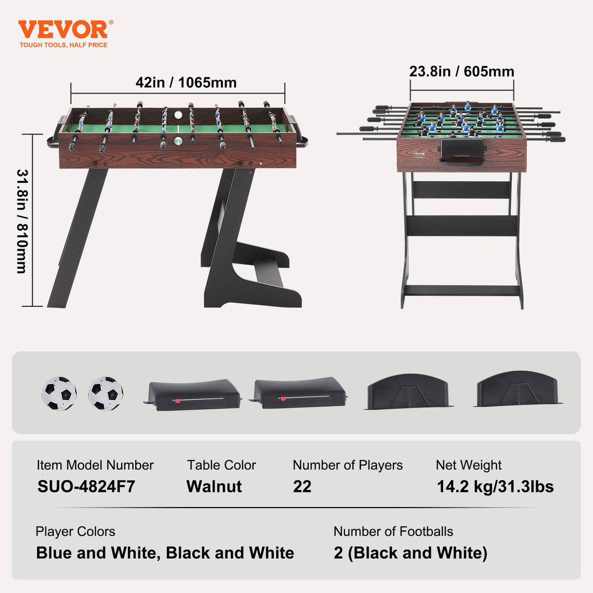 VEVOR Folding Foosball Table, 42 inch Standard Size Foosball Table, Indoor Full Size Foosball Table for Home, Family, and Game Room, Soccer with Foosball Table Set, Includes 2 Balls VEVOR