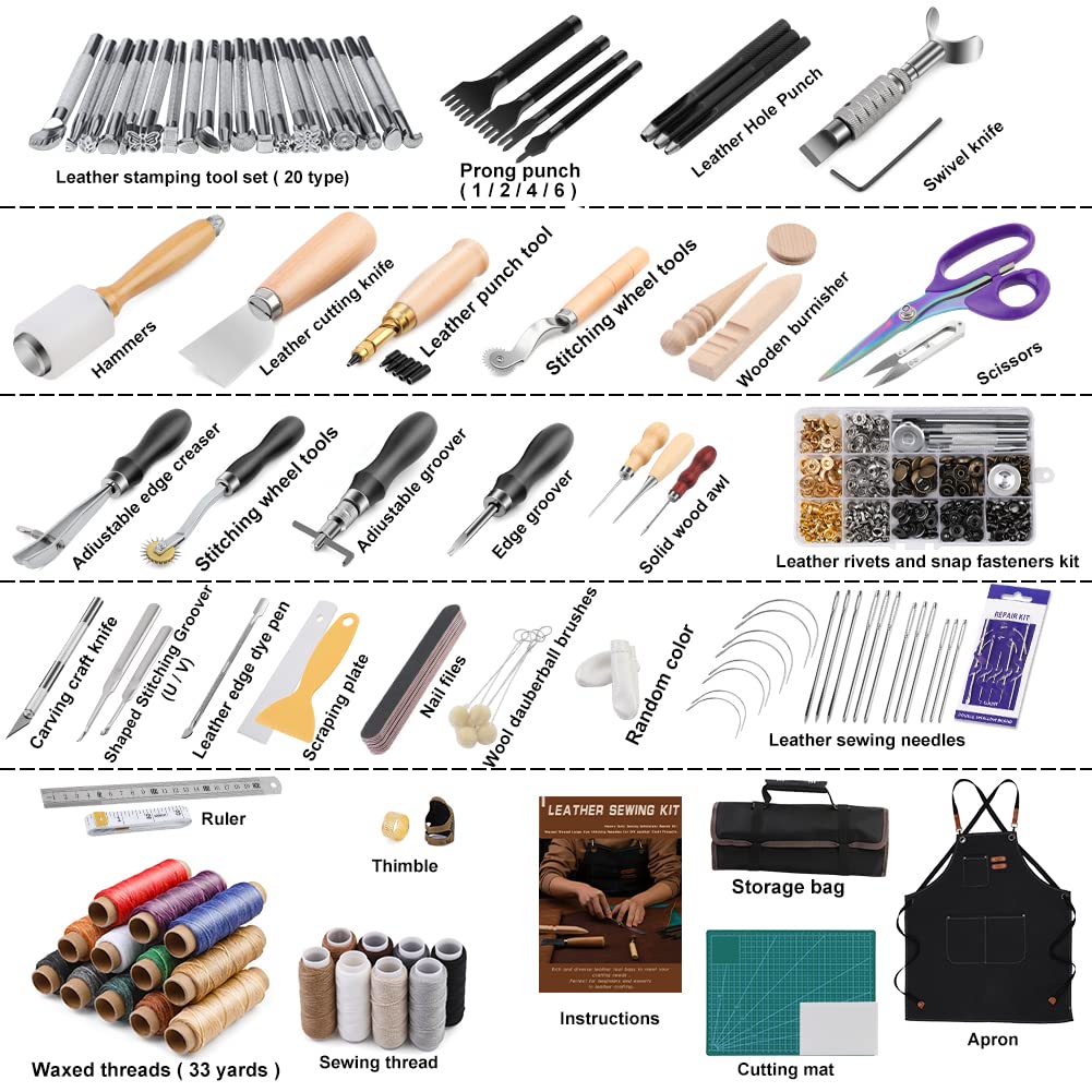Tikjiua 456Pcs Leather Working Tools with Apron and Tooling Bag, Leather Craft Kit with Tools for Stamping, Carving, Sewing, Beveling, Cutting, Crafting Tikjiua