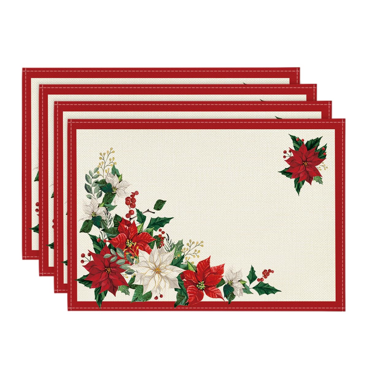 Artoid Mode Beige Leaves Poinsettia Christmas Placemats Set of 4, 12x18 Inch Seasonal Winter Table Mats for Party Kitchen Dining Decoration Artoid Mode