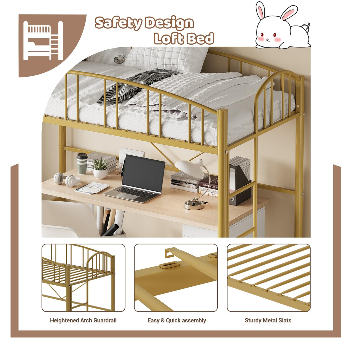 Garvee Loft Bed Twin Size with Ladde and Arched Guardrail, Heavy Duty Metal Loft Bed Frame for Kids and Adults, Sturdy Steel Slats Support, Small Space Saving Design, No Box Spring Needed, Gold Garvee