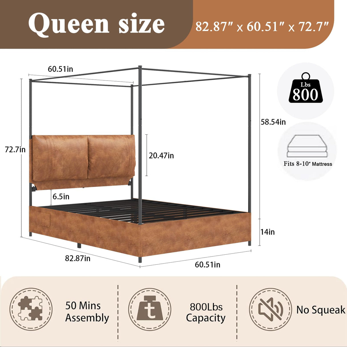 Modern Canopy Bed Frame with Upholstered Faux Leather Headboard – Tall Four Poster Metal Platform Bed, No Box Spring Needed, Queen Size, Brown and Black SAMTRA