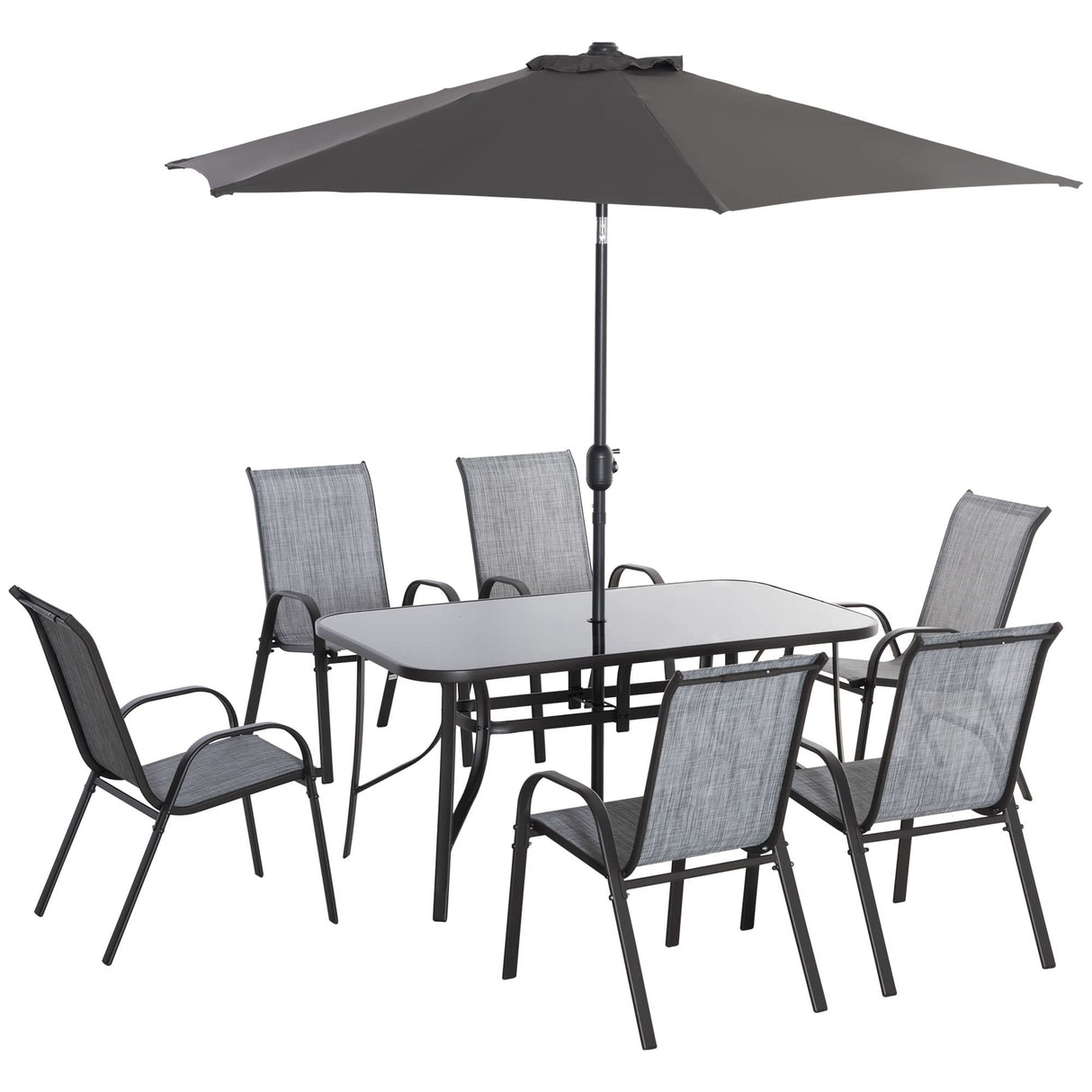 Outsunny 8 Pieces Patio Furniture Set with 9Ft Patio Umbrella, Outdoor Dining Table and Chairs, 6 Chairs, Push Button Tilt and Crank Parasol, Tempered Glass Top, Gray Outsunny