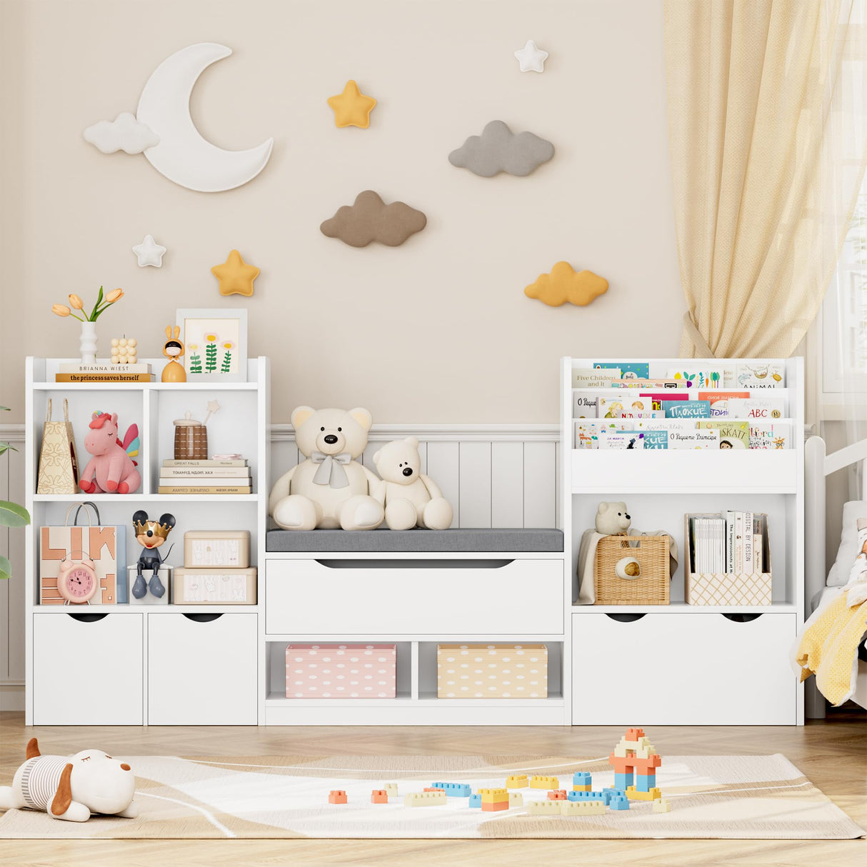 FOTOSOK 72” Kids Bookshelf with Reading Nook, Large Toy Storage Organizer with Seat Cushion and 3 Movable Drawers, Kids Reading Nook Toy Organizers and Storage with Bench for Living Room, White FOTOSOK