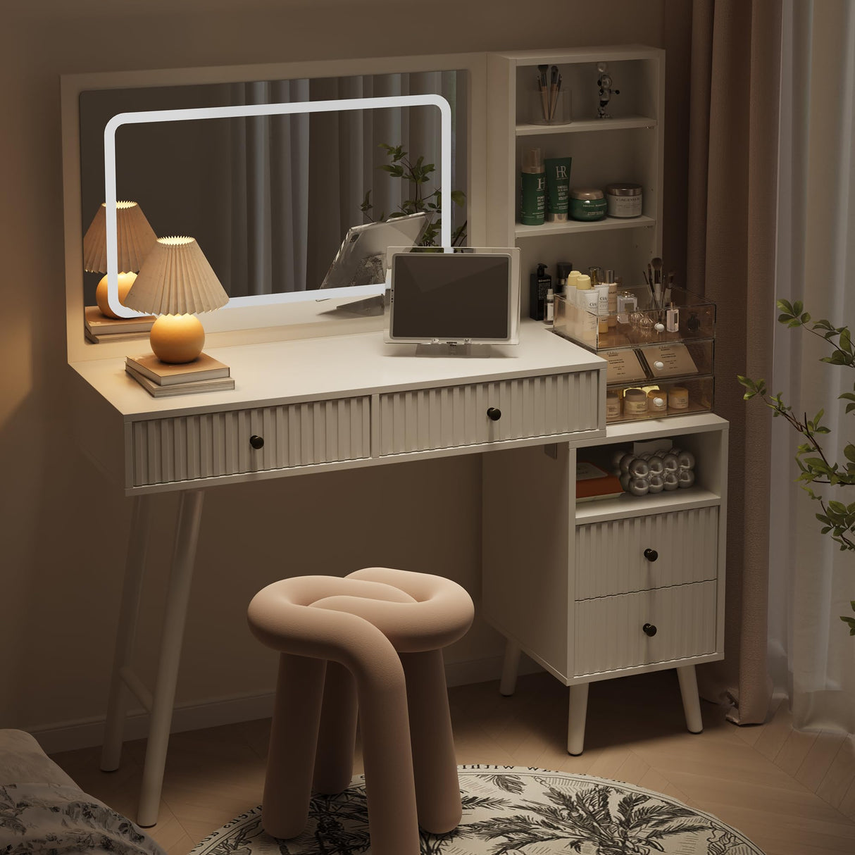 Fluted Makeup Vanity Desk with 36" Large Mirror and 3 Modes Adjustable Lights, 48" Big Modern Vanity Mirror with Lights and Charging Station, Vanity Table with Drawers and Solid Wood Legs for Bedroom HEYNEMO