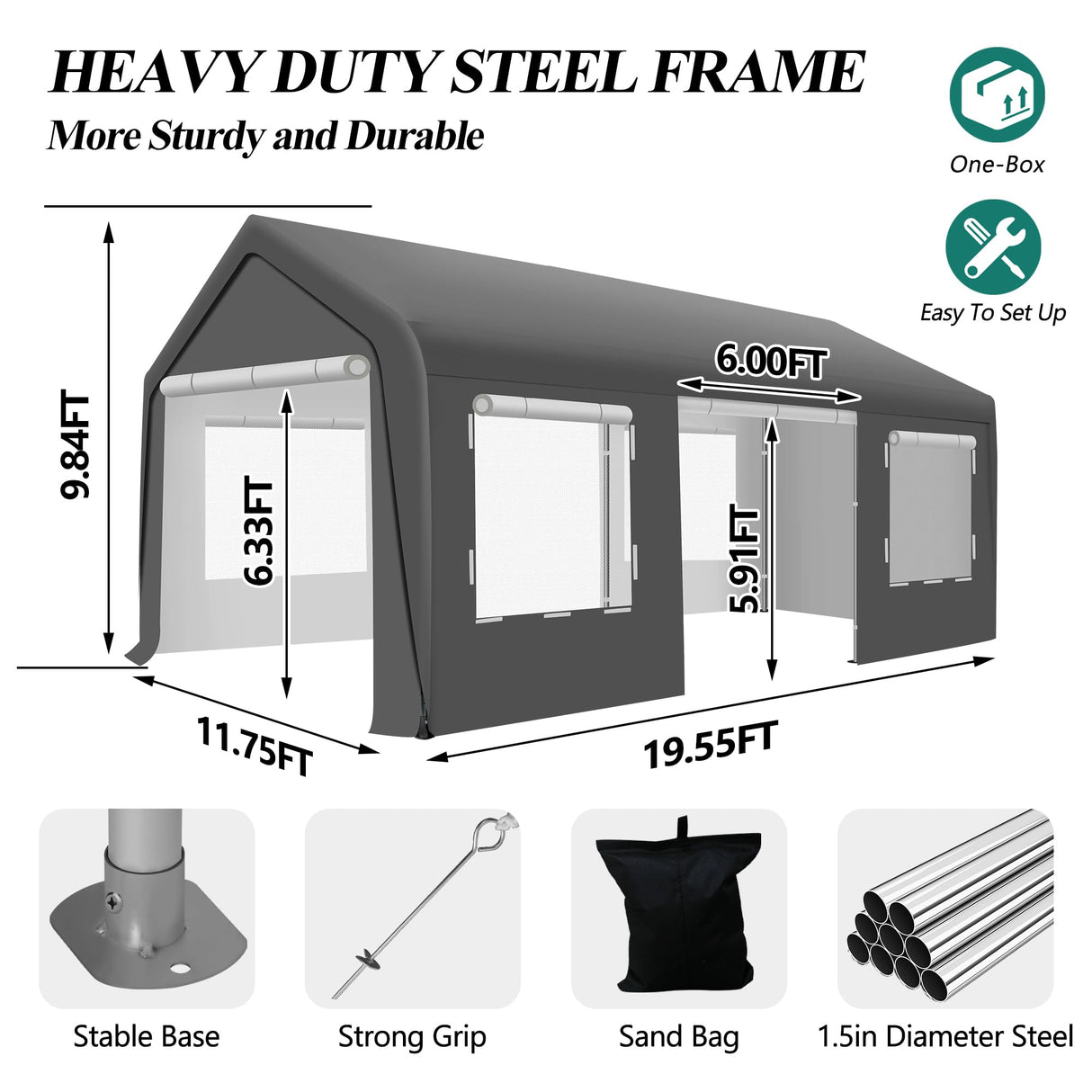 GARTOO Upgrade 11.5'x19.5' Heavy Duty Carport - Extra Large Outdoor Shelter with Roll-up Ventilated Windows & Side Doors, Portable Garage for Car Boat Truck Auto Motorcycle Outdoor Events Party, Gray GARTOO