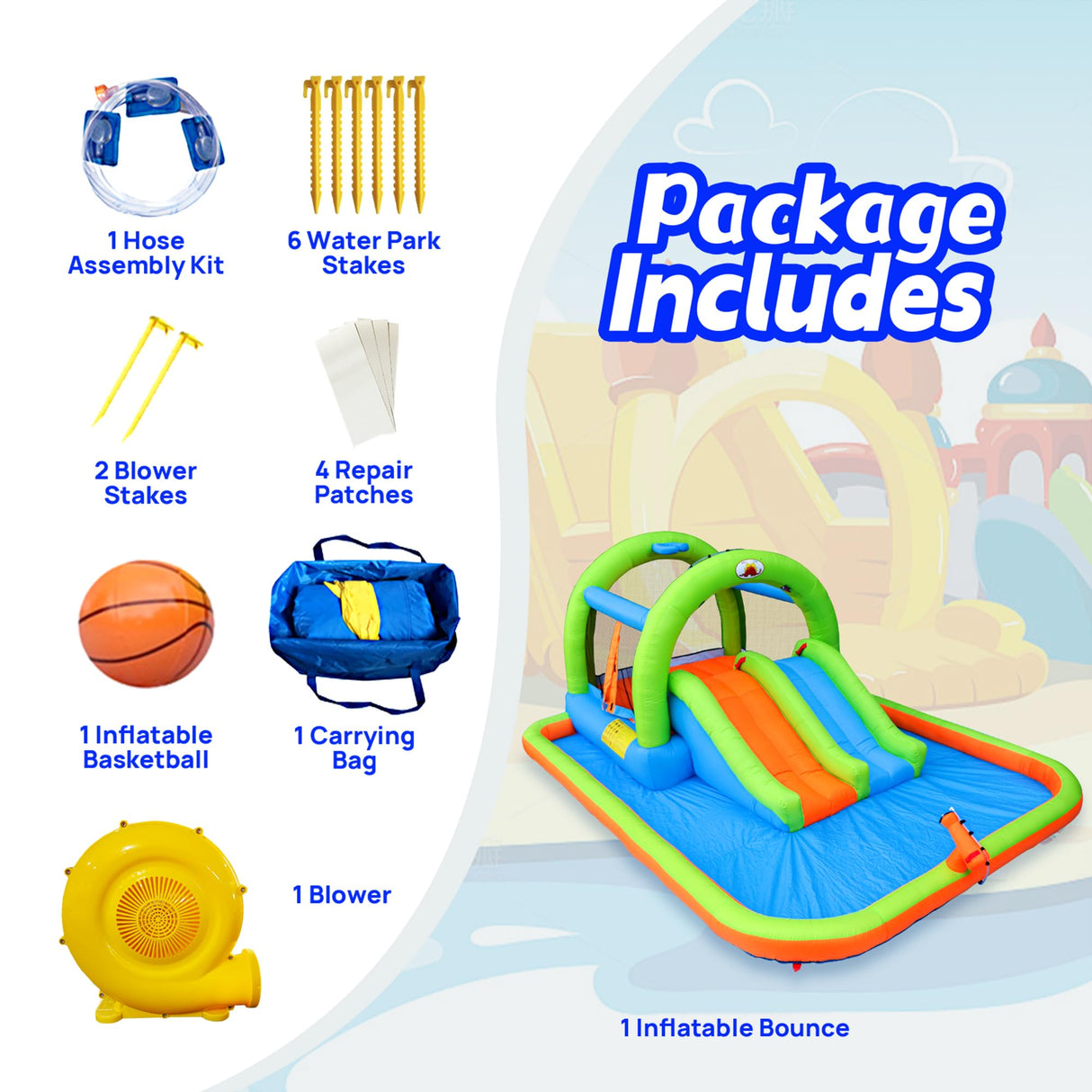 WELLFUNTIME Inflatable Water Park with Blower, and Bouncy House with Double Slide with Water Cannon and Basketball Ring WELLFUNTIME