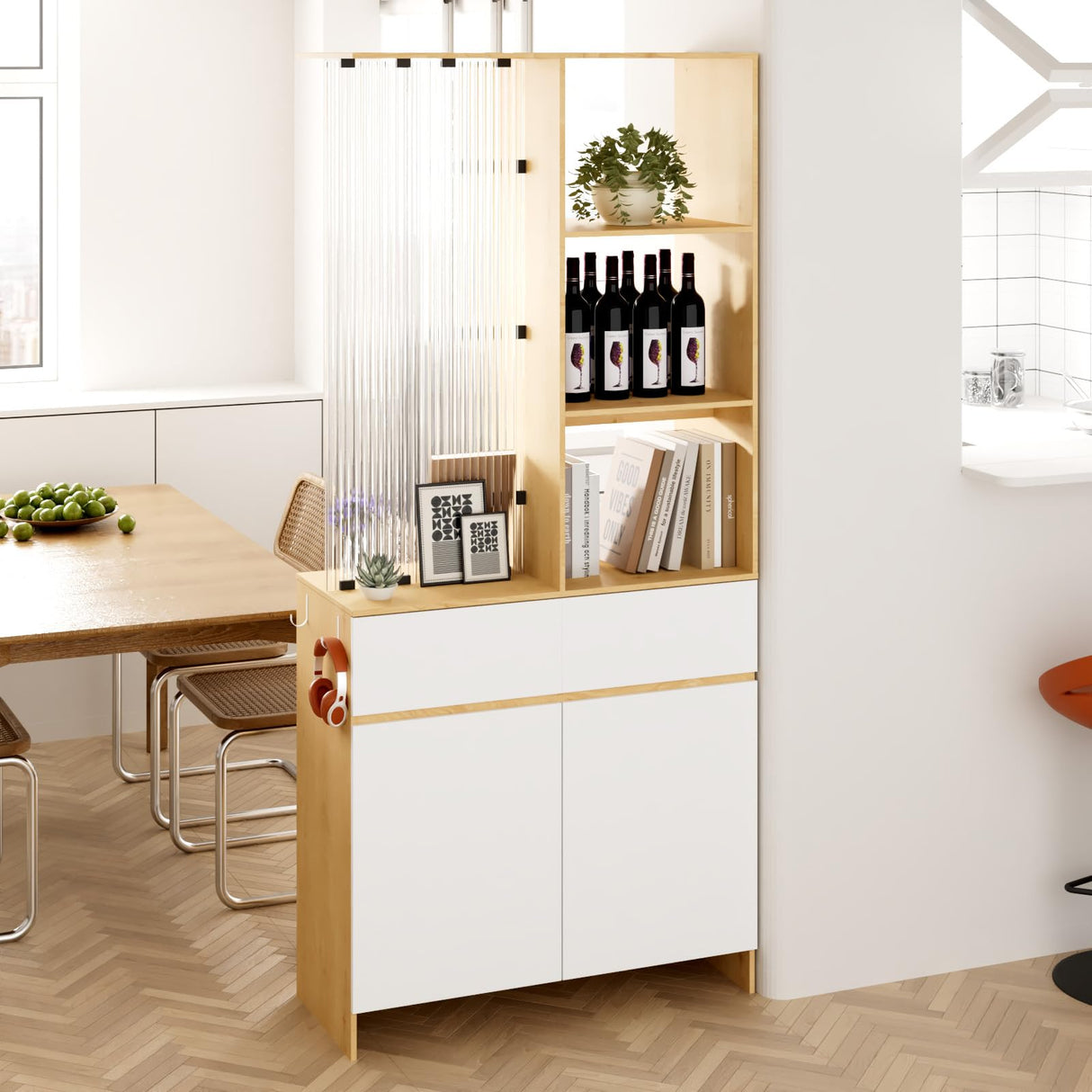 Freestanding Room Divider Cabinet with Storage, Glass & Wooden Book Shelf, Adjustable Shelves Shoe Storage Organizer for Entryway, Living Room, Dining Room, Partition Screen Privacy Wall Divider Kikihouse