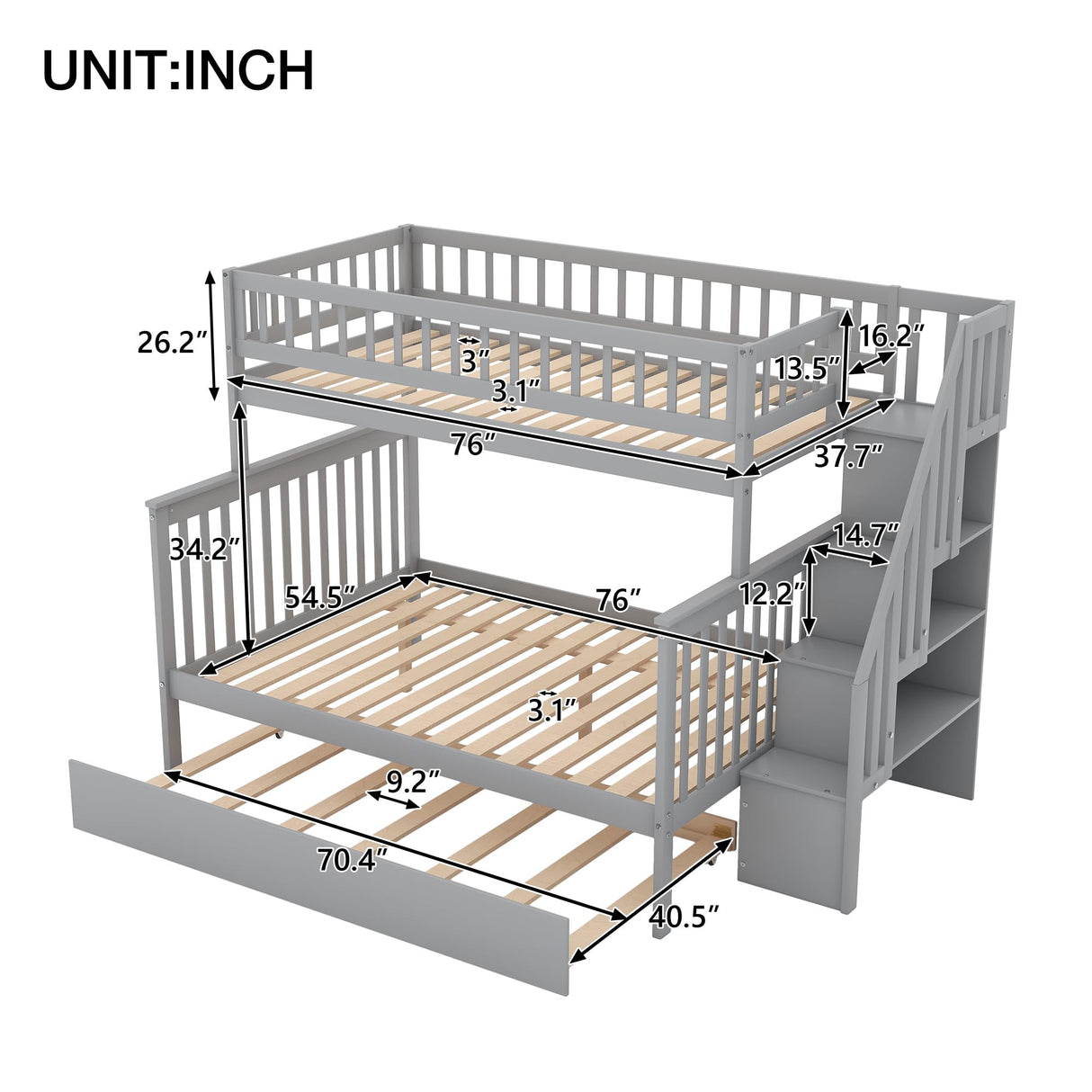 Harper & Bright Designs Bunk Beds Twin Over Full Size, Bunk Bed with Trundle,Storage Shelf and Stairway,Wood Bunk Beds with Full-Length Guard Rail for Kids and Teenagers,No Box Spring Needed, Grey Harper & Bright Designs