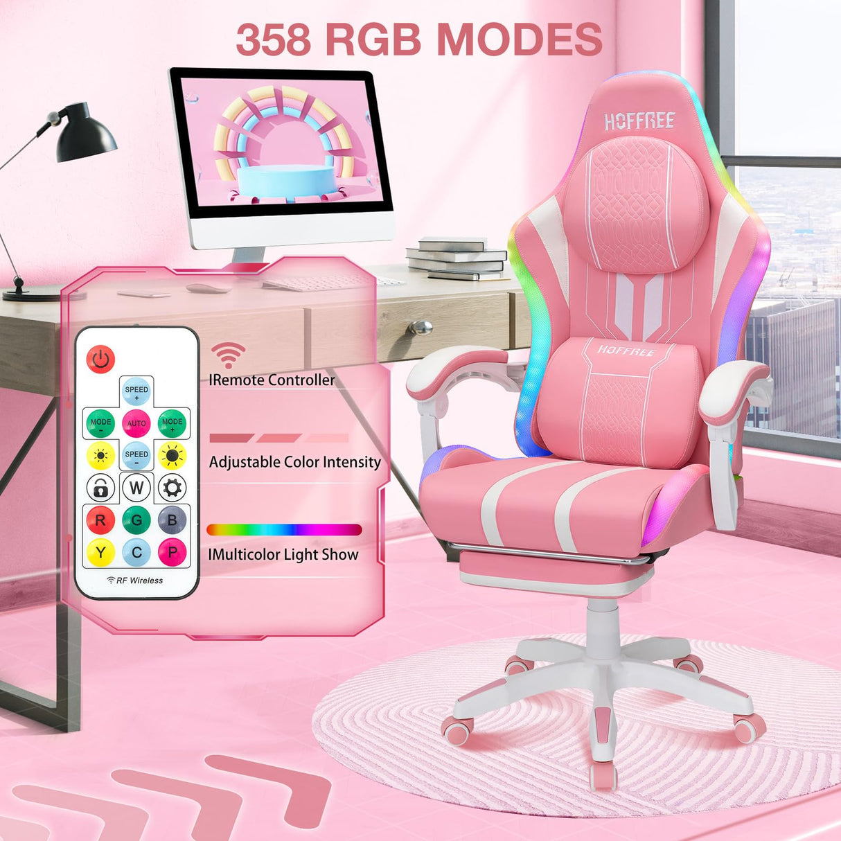 HOFFREE Pink Gaming Chair with Speakers and Massage Led Gaming Chair with Footrest Big and Tall Video Game Chair Reclining High Back Computer Desk Chair for Girls Pink and White HOFFREE