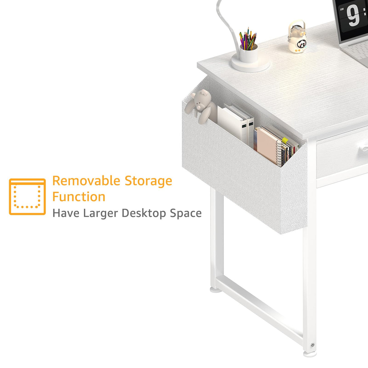 DLisiting White Small Desk with Fabric Drawers - 32 Inch Vanity Desk with Storage Drawer and Bag for Bedroom, Study Writing Table for Small Spaces, White DLisiting