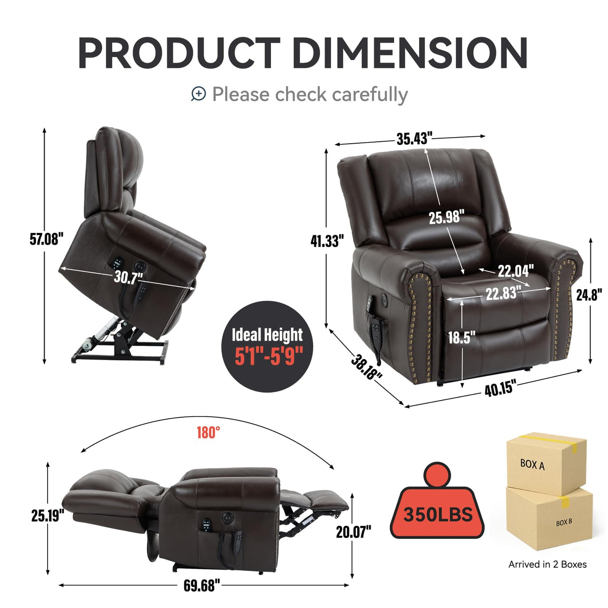 Dual Motor Power Lift Chair, Lay Flat Recliner Chair, Electric Recliner with Massage and Heat for Elderly, Remote Control, Infinite Position, Standing Assistance, USB Ports, Genuine Leather, Brown Trustyue