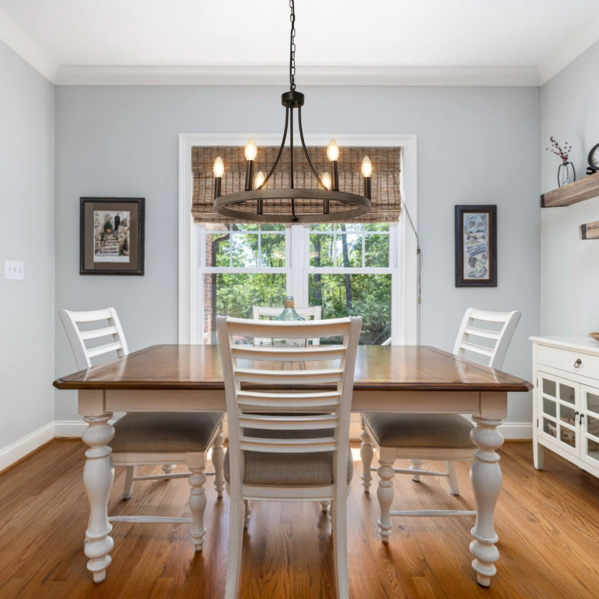 WBinDX Wagon Wheel Chandelier, 6-Light Modern Farmhouse Chandeliers for Dining Room, 19.68 Inch Black Faux Wood Metal Round Chandeliers for Entryway Kitchen Table Living Room Foyer WBinDX