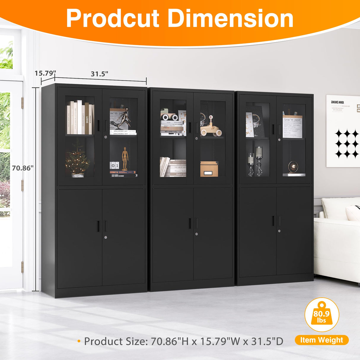 LISSIMO Metal Storage Cabinet with Glass Doors, Lockable Office Cabinet, 71" Tall Steel Cabinet with Adjustable Shelves for Home Office,School and Hospital (Black) LISSIMO