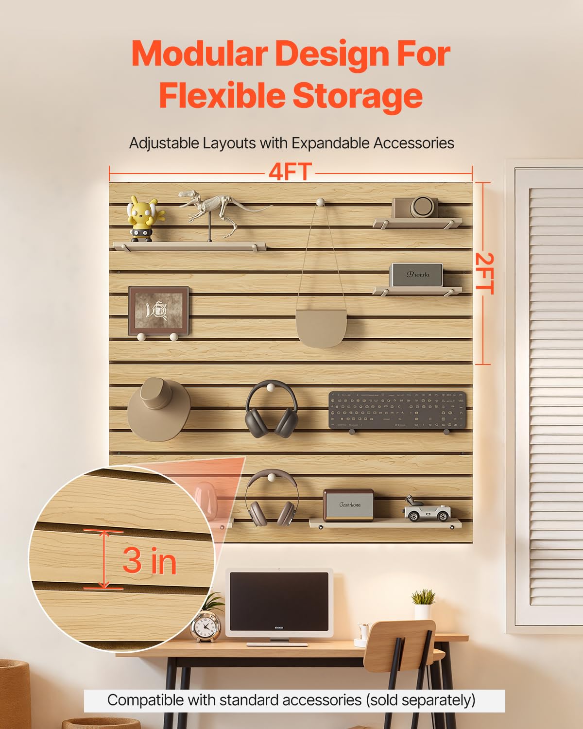 VEVOR Slat Wall Paneling, 4 x 4ft, MDF Garage Slatwall with Modular Design, Natural Slat Wall Easy-to-Install Adjustable Slatwall Panel with Coupling Structure & DIY Cutting, Fit for Storage & Display VEVOR