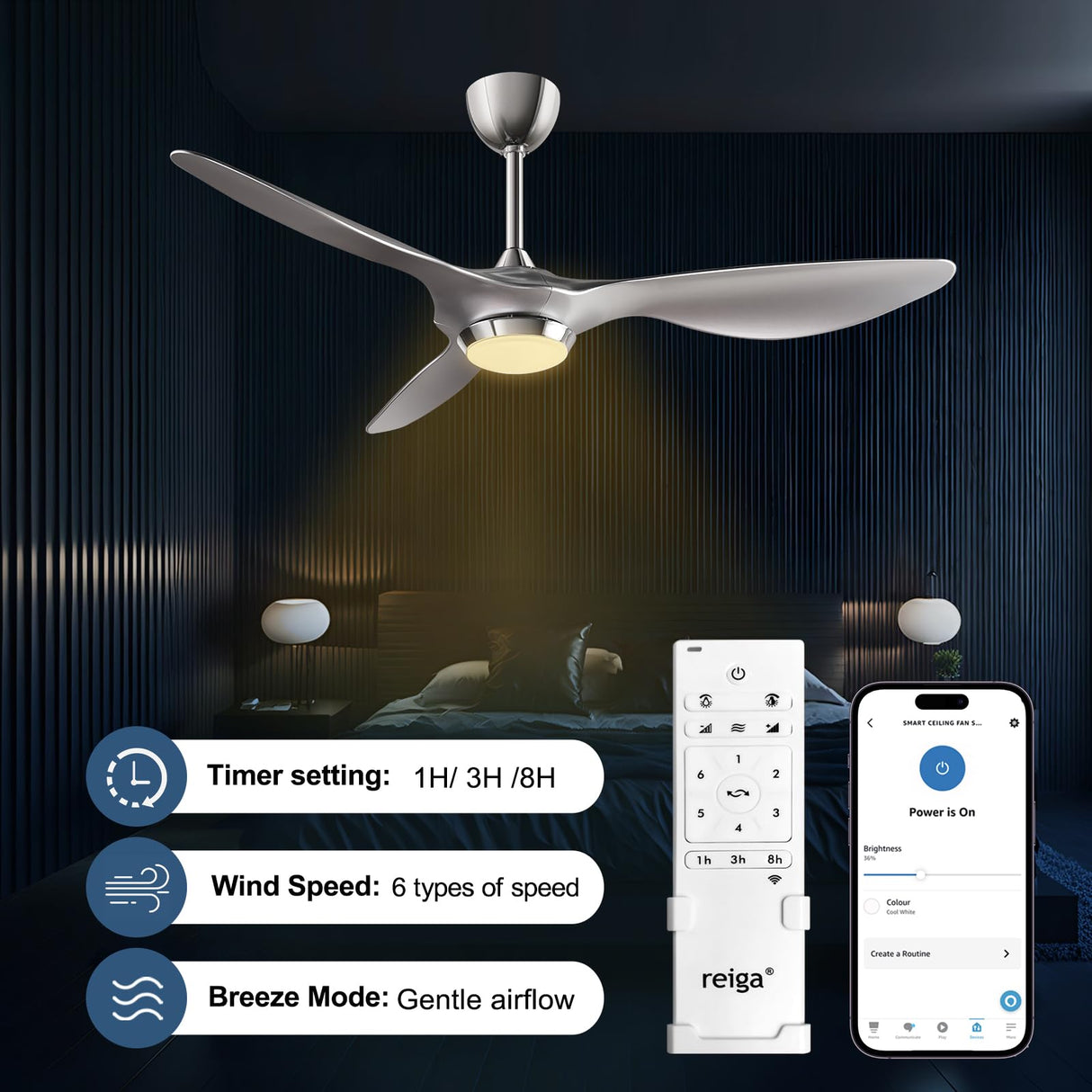 reiga 52 Inch Modern Smart WiFi Ceiling Fan with Light and Remote Control, Living Room Bedroom Patio 3 Blade Ceiling Fans with Reversible Mute DC Motor, Silver reiga
