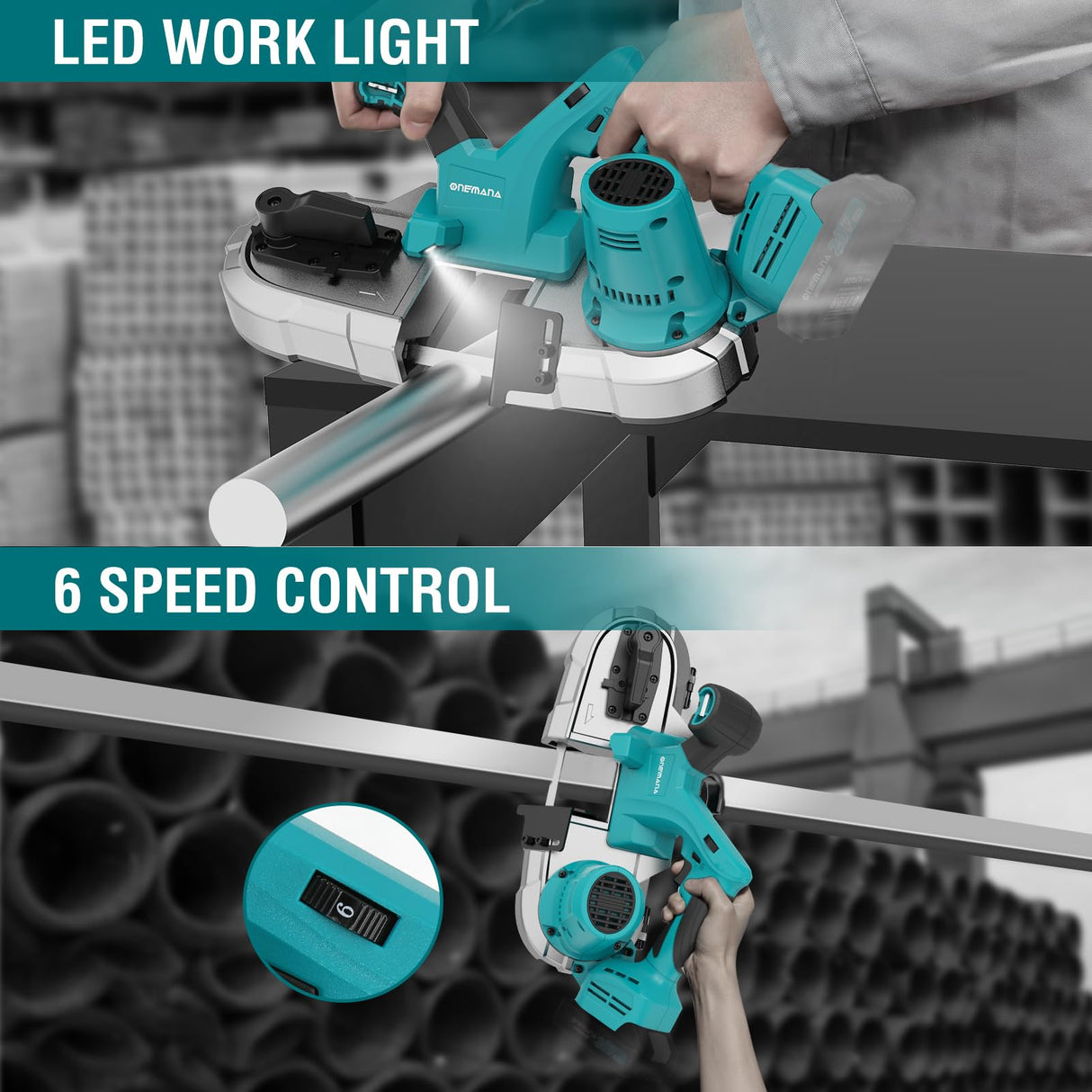 Cordless Bandsaw, ONEMANA 20V Brushless Power Band Saw, 2.5" Deep Cut Metal Bandsaws, 6 Speeds Portable Bandsaw for Cutting Metal, Pipe, Conduit (Tools Only) ONEMANA