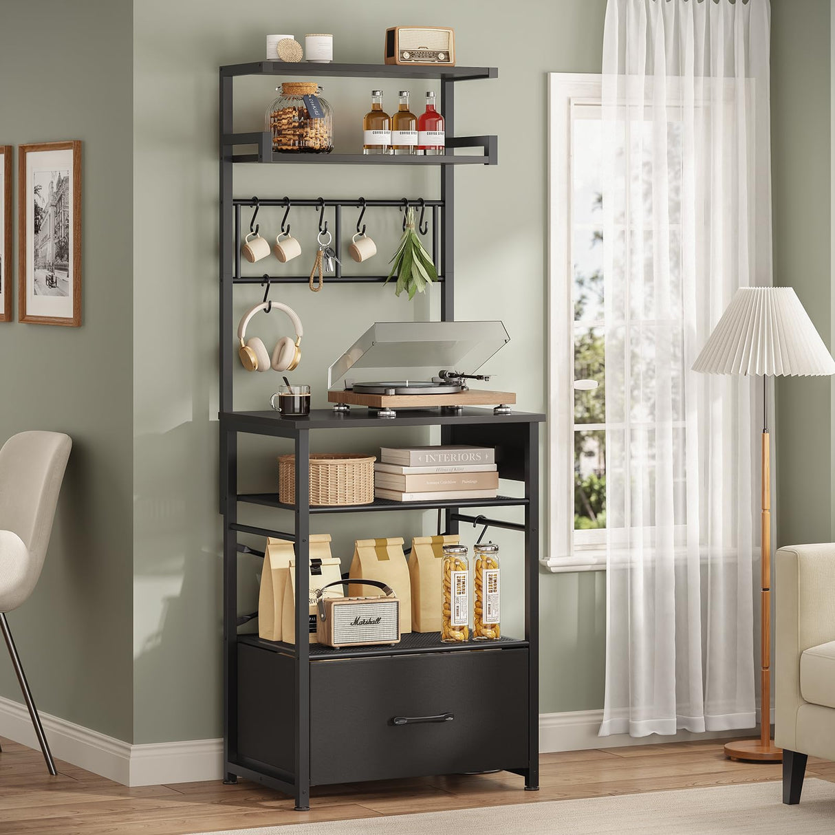 Itaar 6 Tier Bakers Rack, Coffee Station with Power Outlet, Farmhouse Small Coffee Bar with Drawer for Small Space, Microwave Stand with Storage and 8 Hooks for Kitchen, Living Room (Black) Itaar