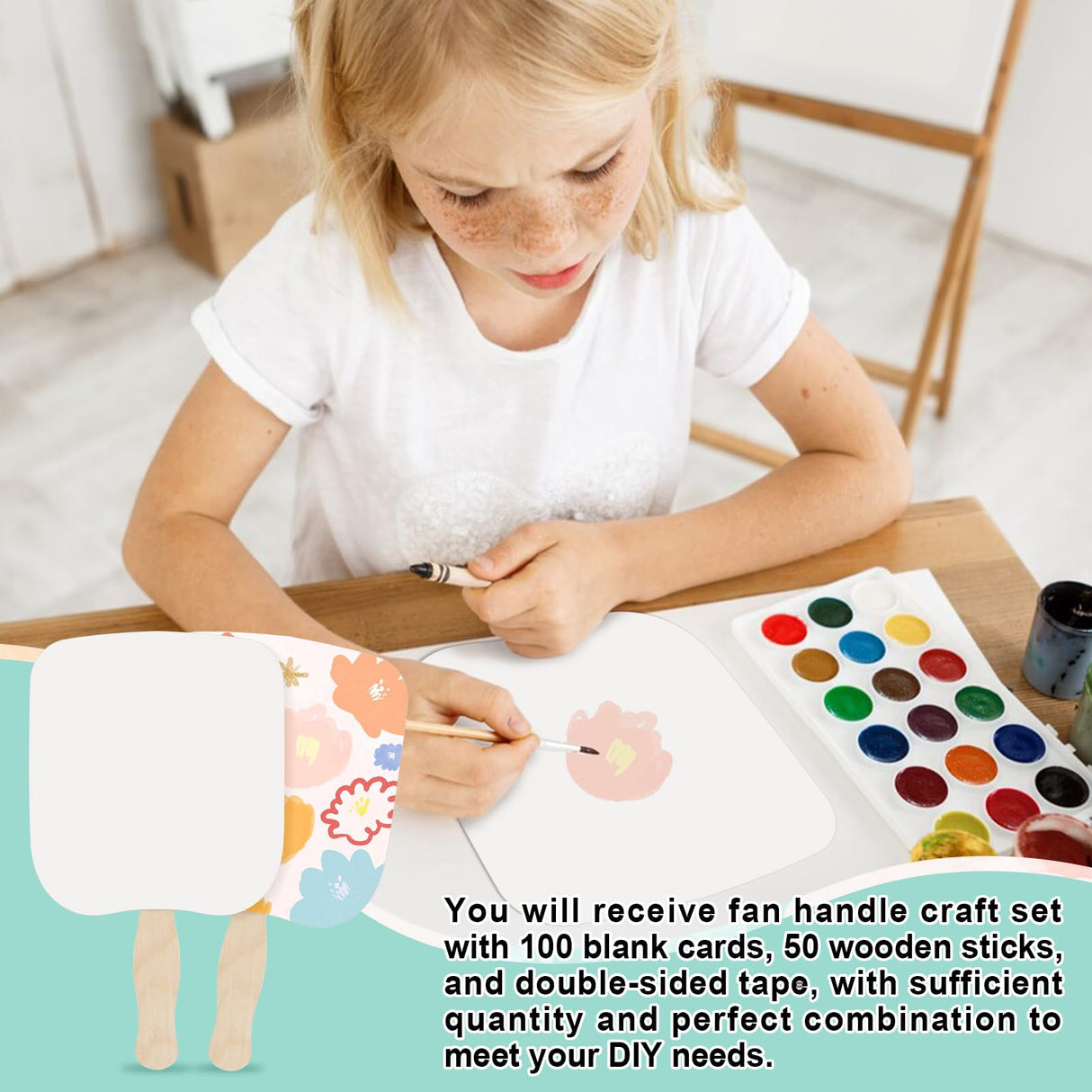 LOTMER 150 Pcs Church Fans Handheld Set, 100 Sheet Double Sided Paper Church Fans with 50 Pcs Wavy Wooden Sticks, Double Sided Paper Church Fans for DIY Crafting Painting (6.5X7.25in) LOTMER