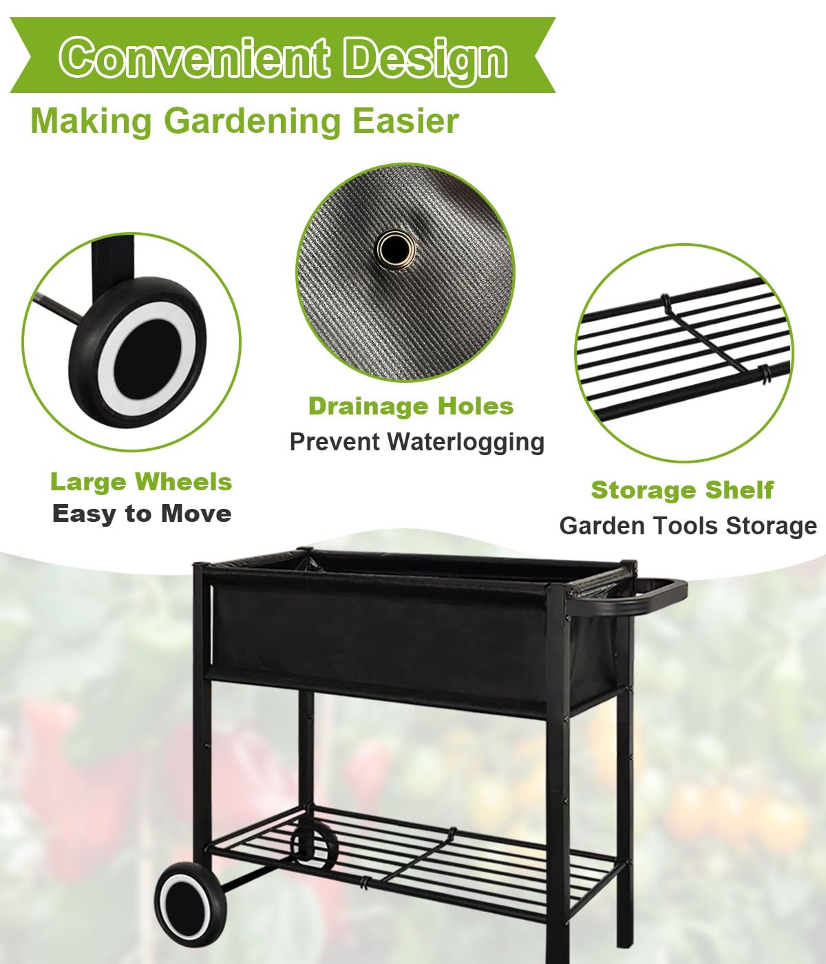 Fiwithy Raised Garden Bed with Legs for Outdoor Plants, Standing Elevated Planter Box Cart on Wheels for Vegetables Flower Herb Patio, Black Fiwithy