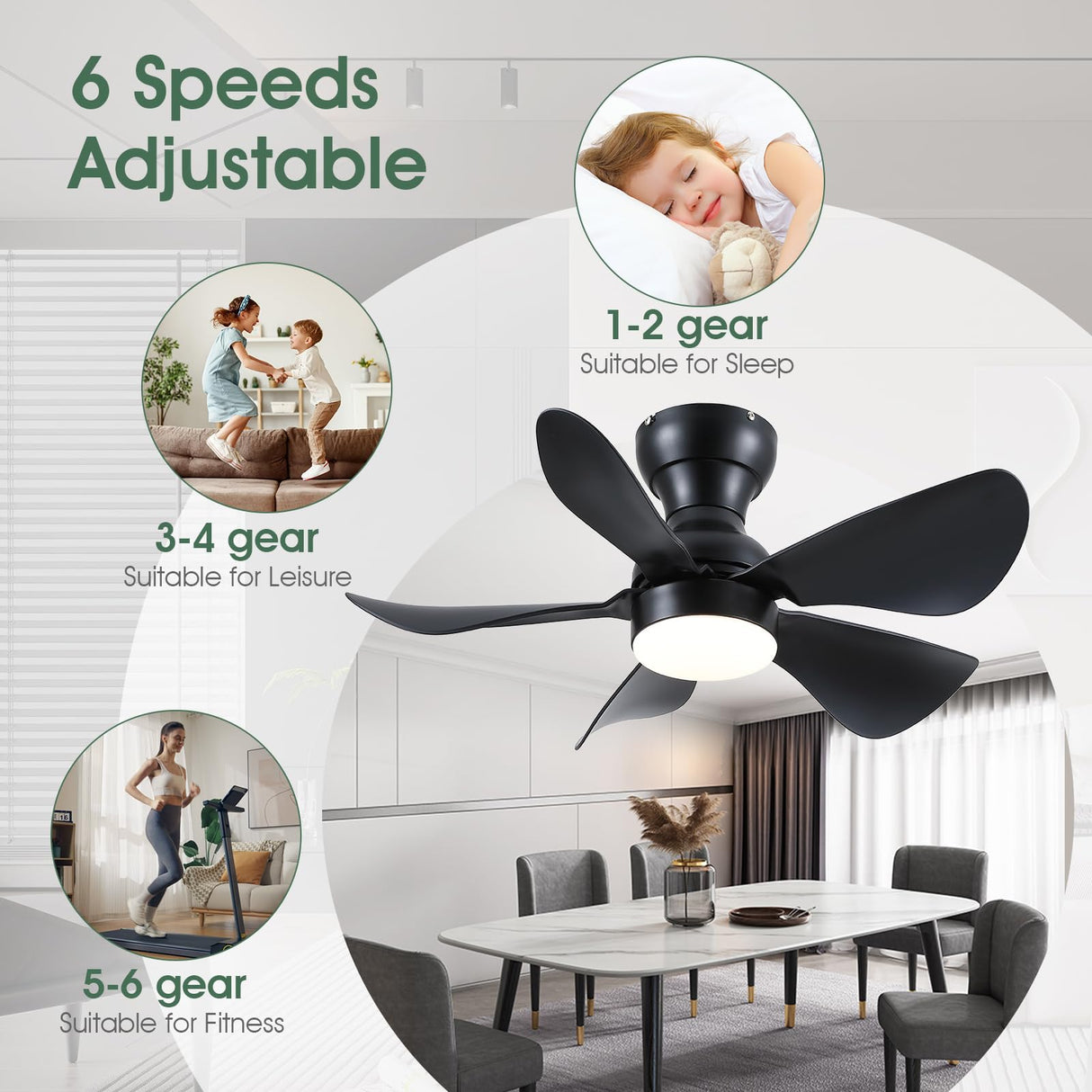 Kviflon Ceiling Fans with Lights and Remote/APP Control, 30 inch Low Profile Ceiling Fans with 5 Reversible Blades 3 Colors Dimmable 6 Speeds Ceiling Fan for Bedroom Kids Room Dining Room, Black Kviflon