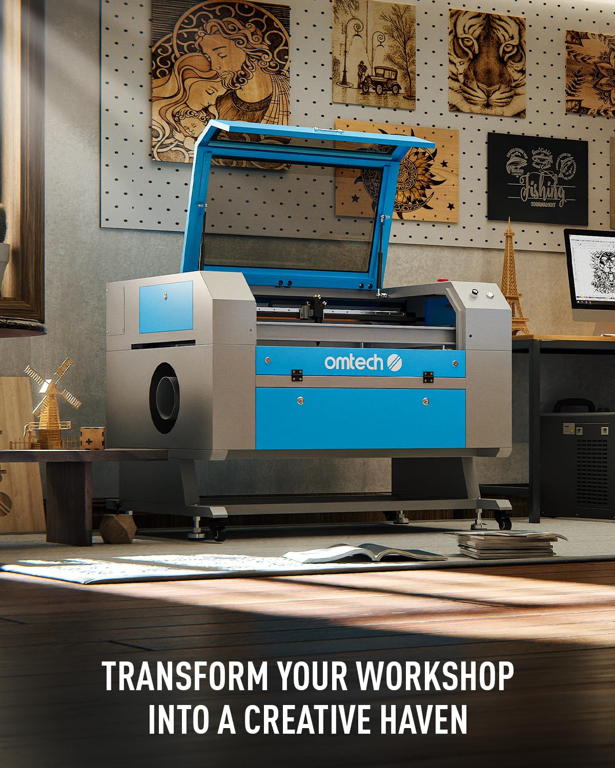 OMTech 80W CO2 Laser Engraver with Water Chiller, 20x28 Inch Laser Engraving Cutting Etching Machine with Autolift Autofocus 4 Way Pass Air Assist, Commercial Laser Cutter for Wood Glass Acrylic More OMTech