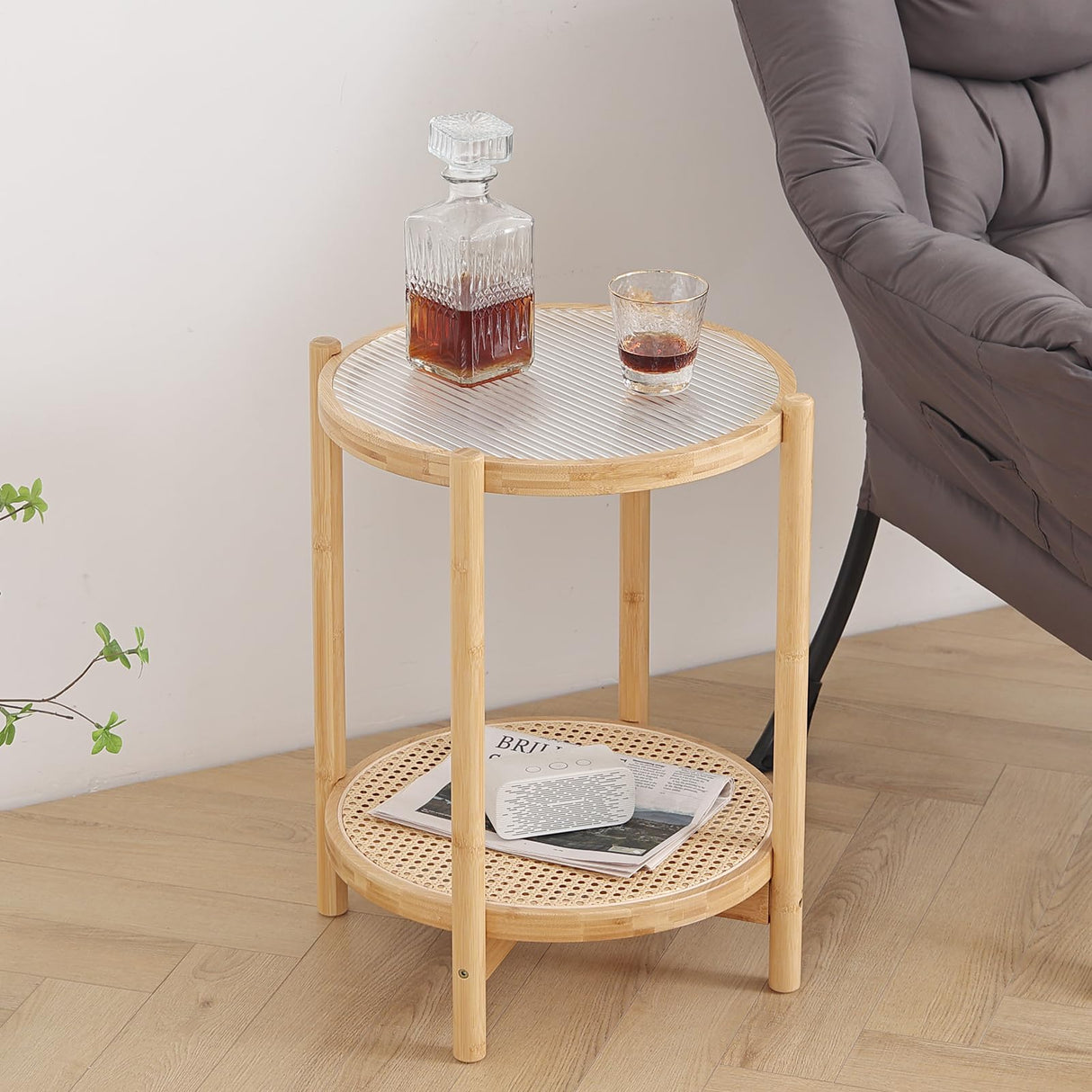 Tiita Rattan Nightstand Side Table, Bamboo Accent Bedside Tables, Glass Coffee Tables, Boho Wooden End Table with Storage for Small Space, Living Room and Bedroom Tiita