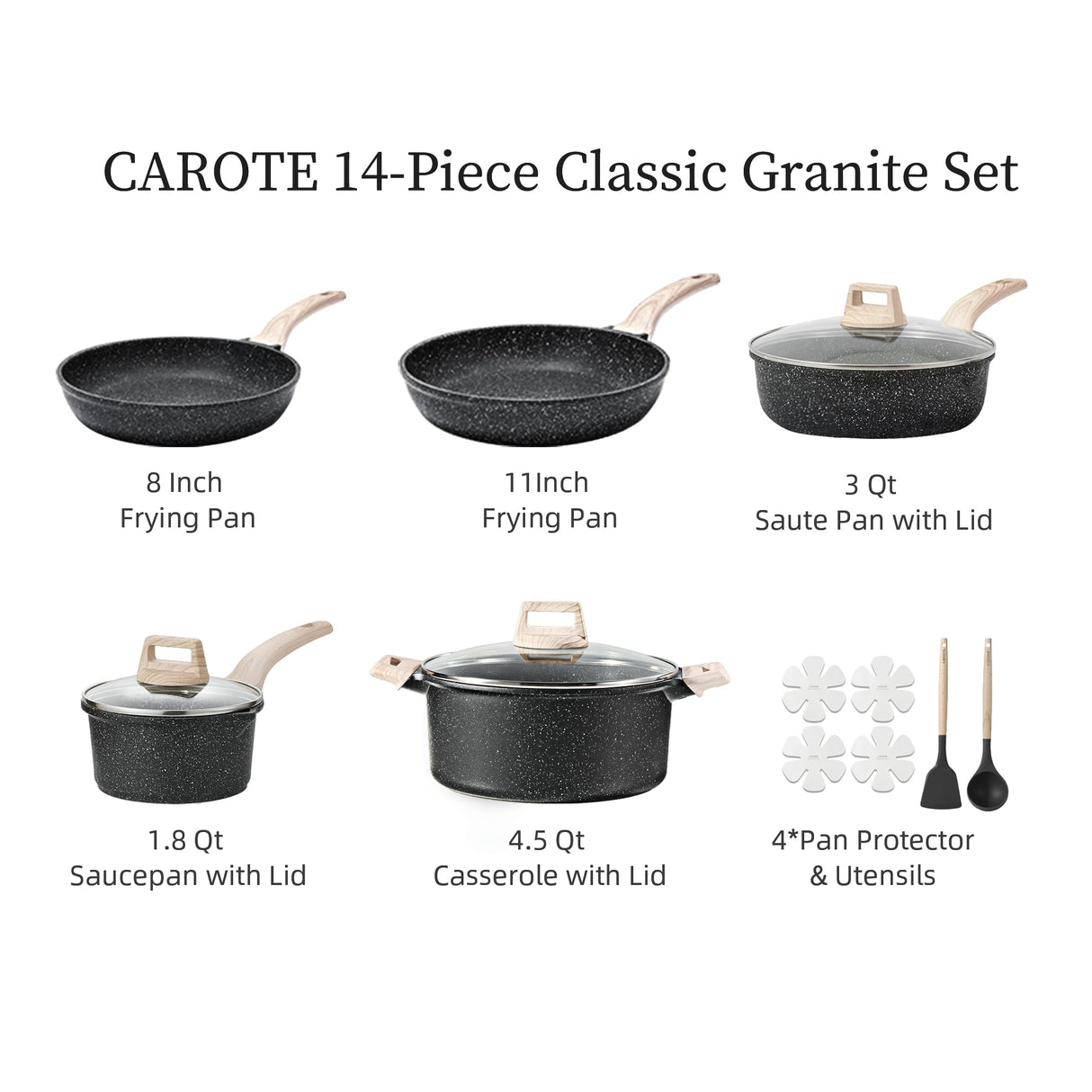 CAROTE 14Pcs Pots and Pans Set Non Stick, Cookware Sets Induction Cookware Granite Cooking Set with Frying Pans, Saucepans, Saute Pan, Extra Large Casserole CAROTE