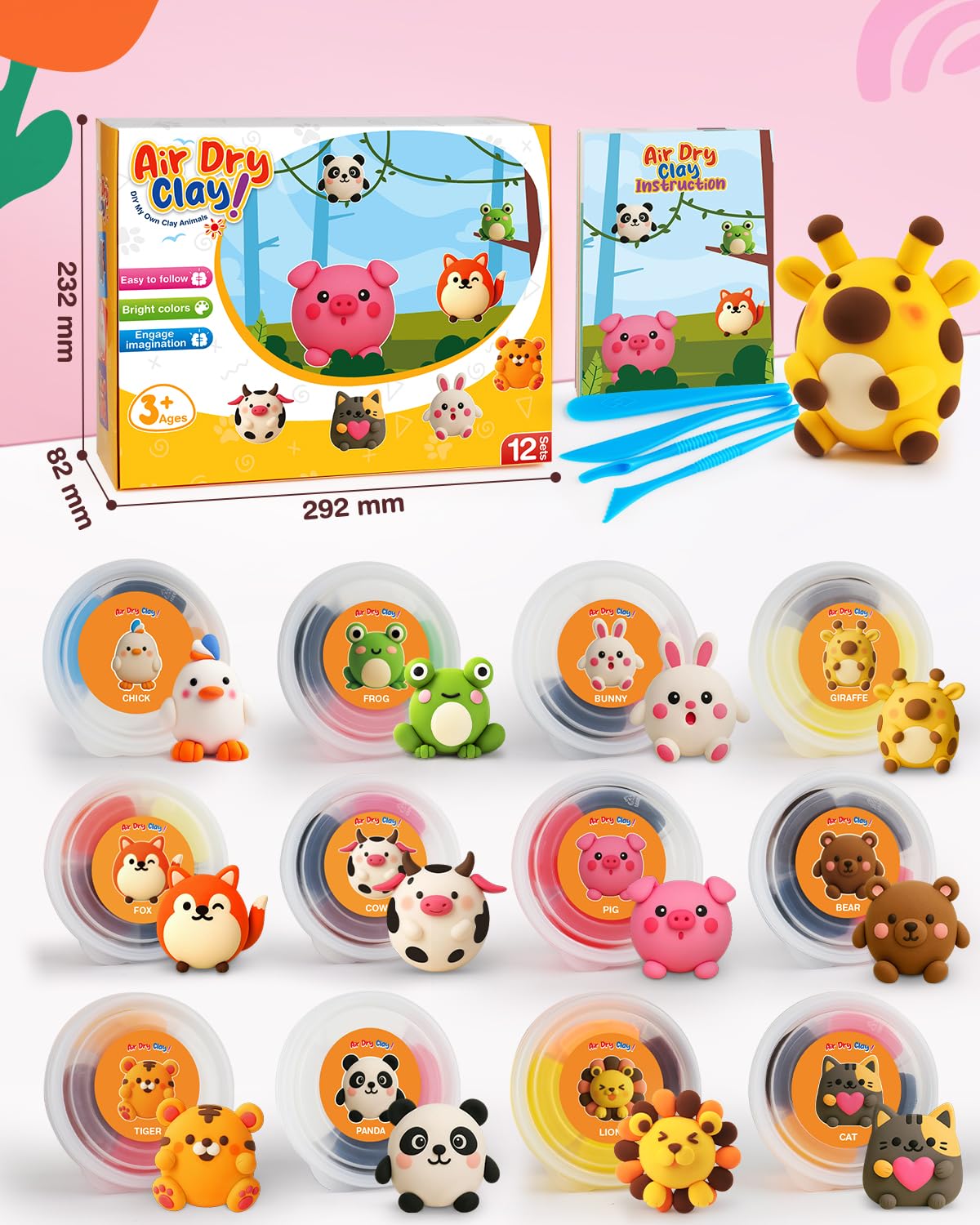 Air Dry Clay Kit 12 Animals, Modeling Clay 12 Boxes for Kids with Sculpting Tools and Tutorials, Model Magic Soft & Odorless, DIY Art Crafts Gifts for Party Favors Classroom Travel Roewioka
