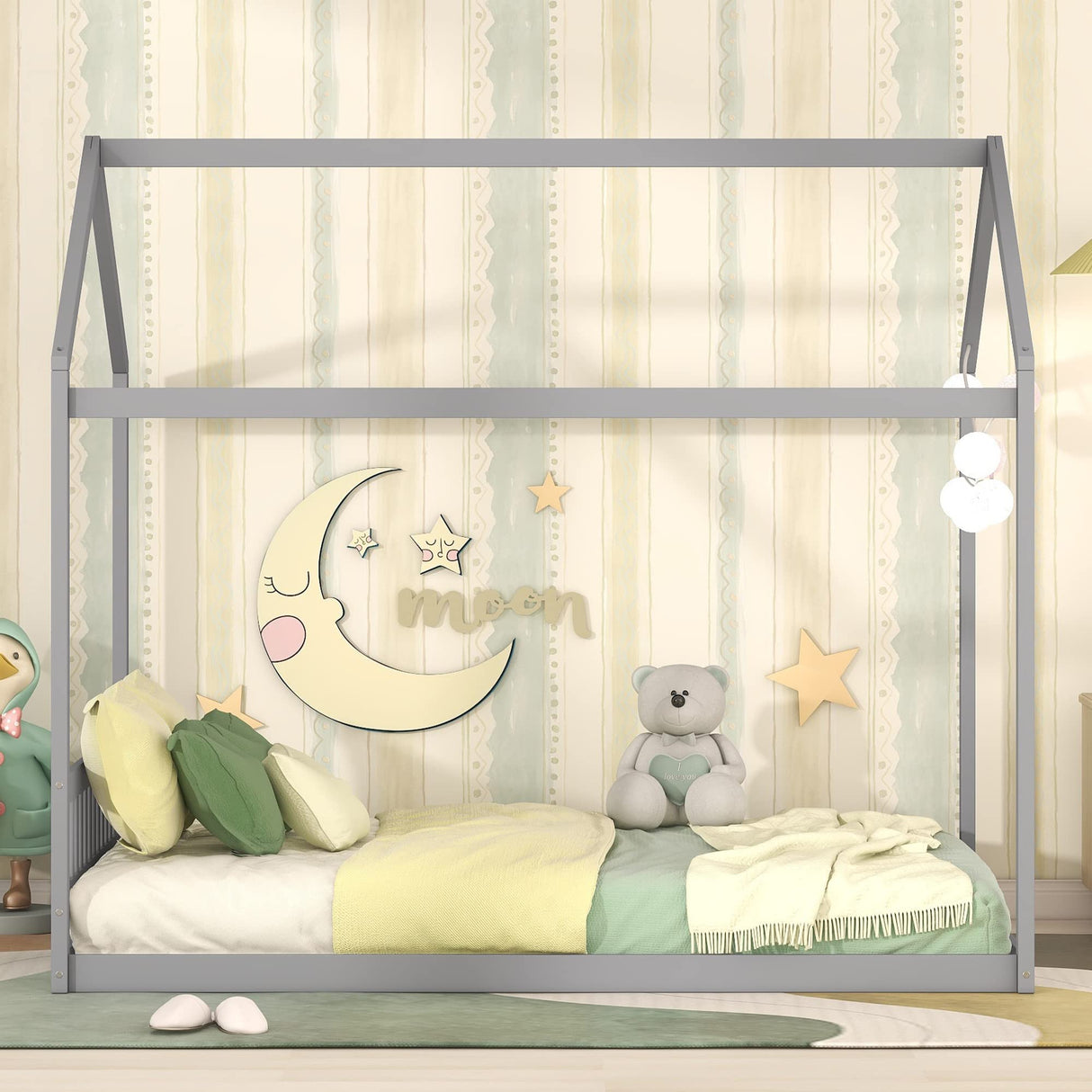 Bellemave Gray Wooden Queen Size Montessori House Bed Frame for Kids Bellemave