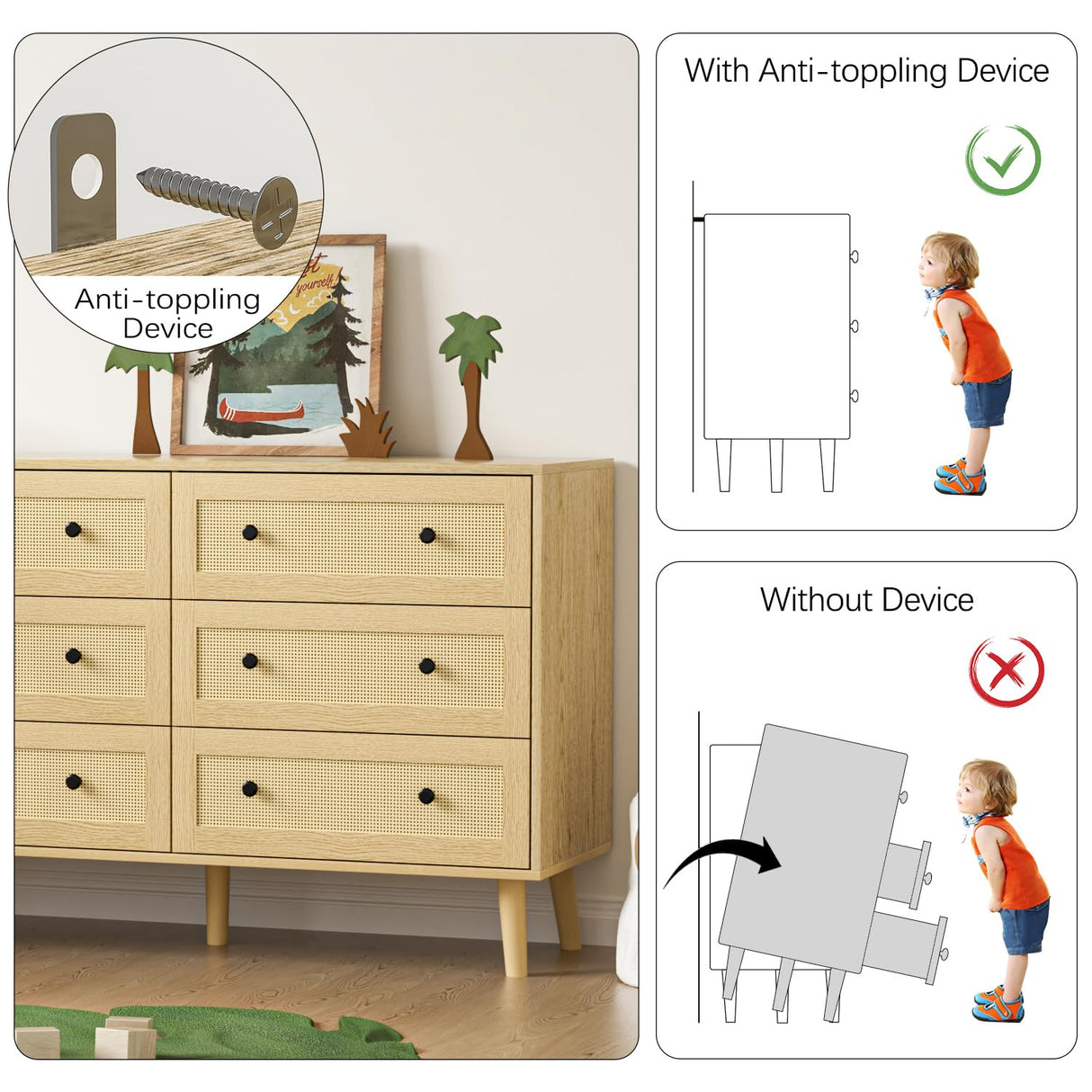 Wananlanen Rattan Dresser for Bedroom, Boho 6 Drawer Dressers & Chest of Drawers with Storage and Metal Handle, Modern Natural Wood Storage Dresser for Living Room, Hallway, Entryway Wananlanen