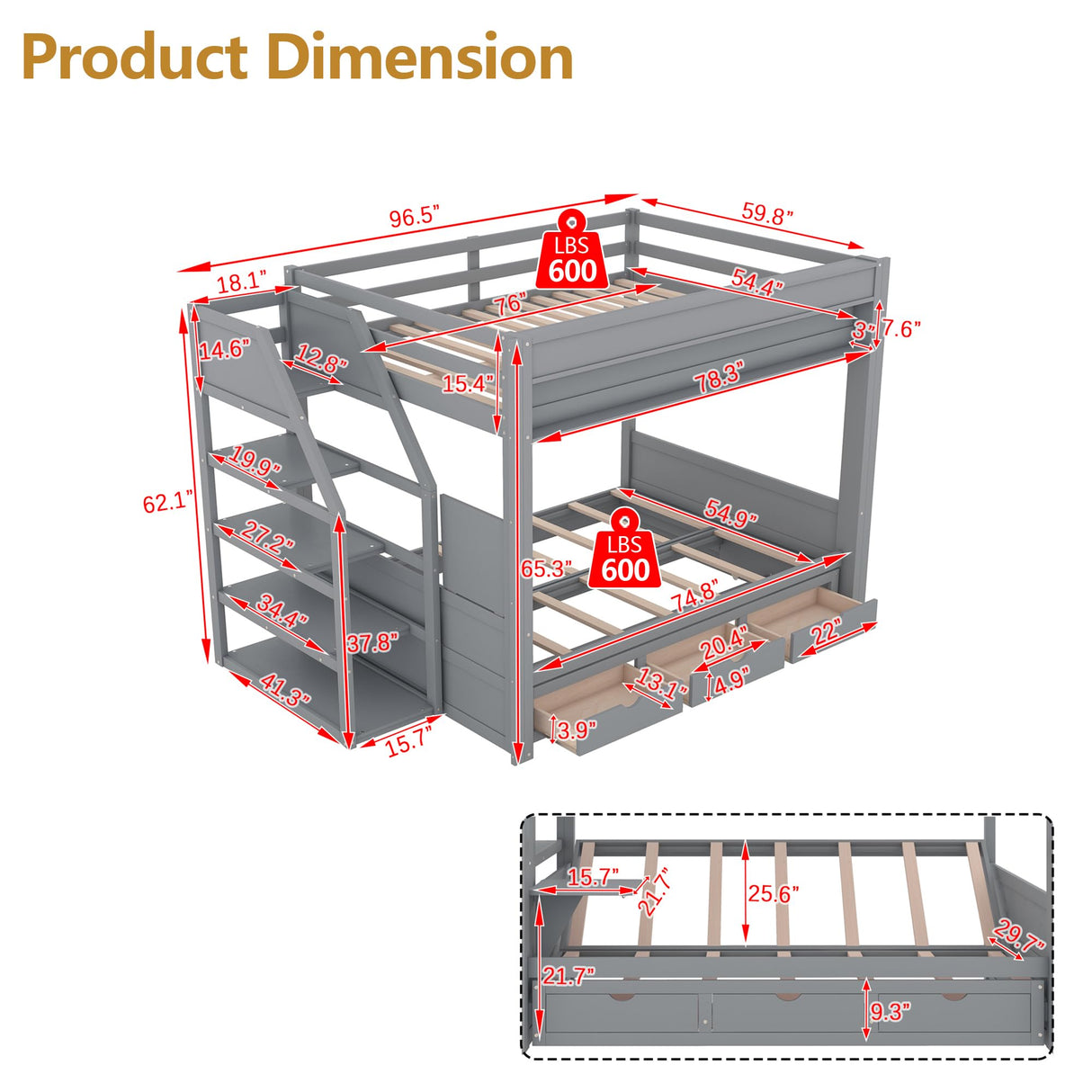 Full Over Full/Futon Bunk Bed with Storage Movable Stairs, Wood Bunkbed Full Size with 3 Drawers Convertible Couch Bed, Multi-functional Full Bed Frame for Kids Teens, No Box Spring Needed (Gray) CAPCAEK