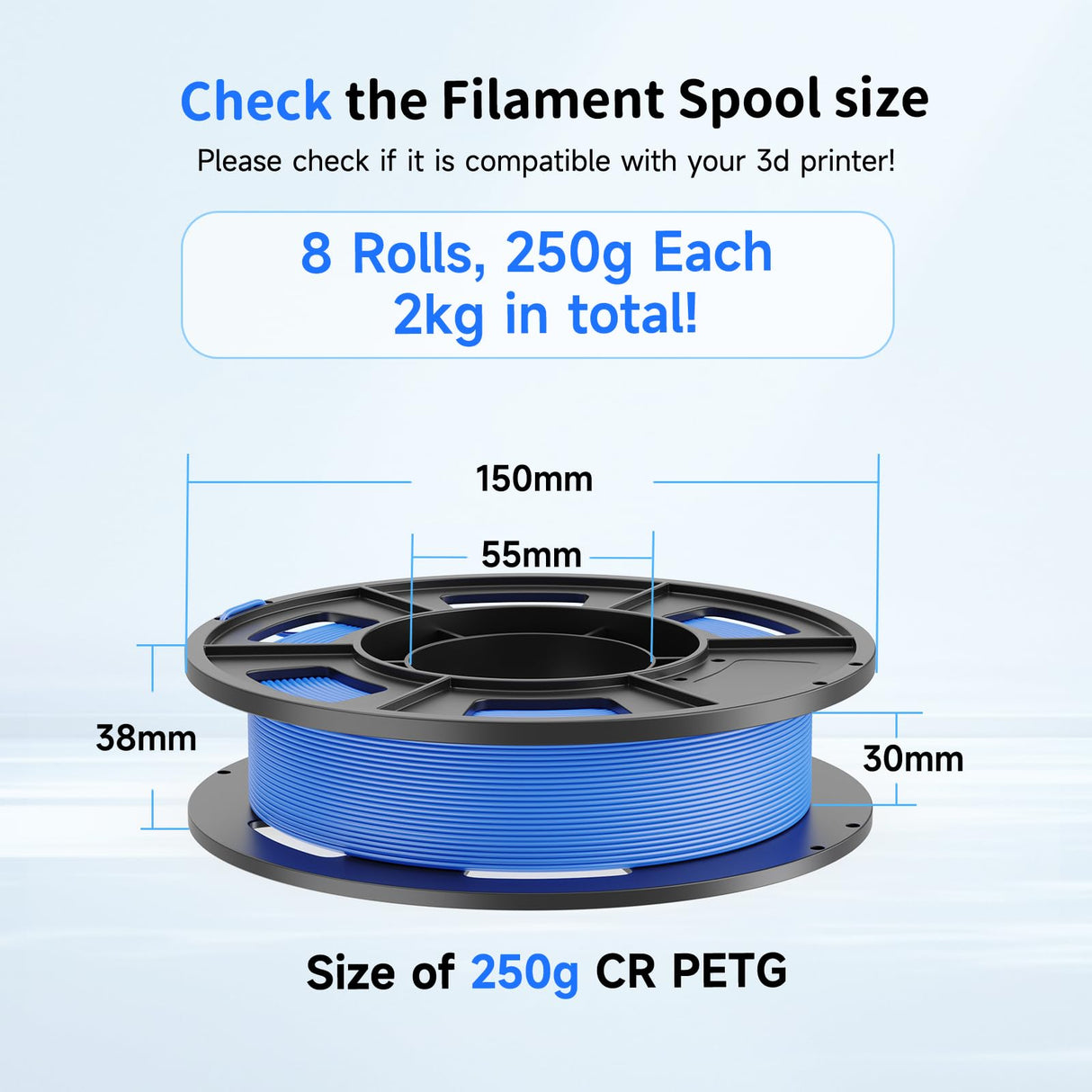 CREALITY 250g PETG Filament Bundle, 8 Colors Total 2kg, 1.75mm 3D Printer PETG Filament, Perfect for Small Project and Children Creation, Black+White+Grey+Tansparent+Red+Blue+Green+Orange Creality