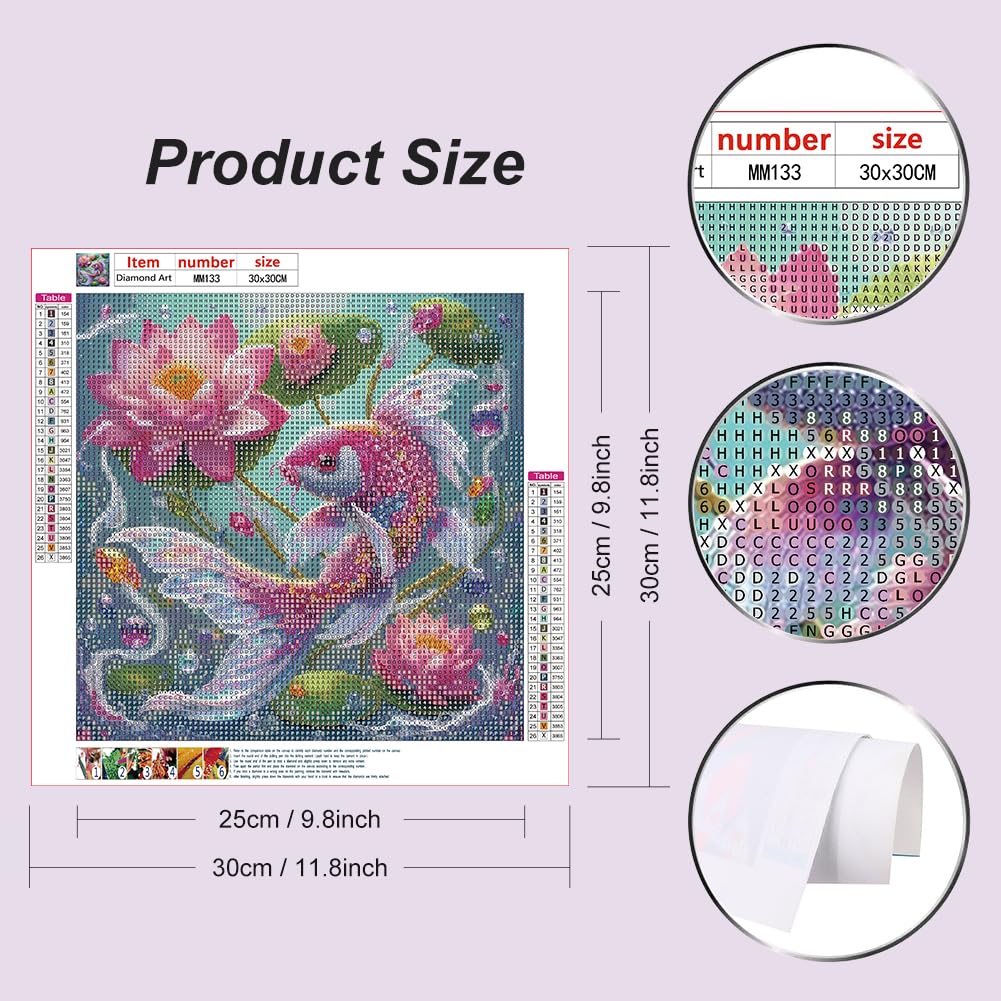 WSLWXSHM Diamond Painting Kits for Adults Fish, Lotus Round Full Drill Diamond Art Kits, 5D DIY Paint with Diamonds Crafts for Home Wall Decoration Gifts 12×12Inch WSLWXSHM