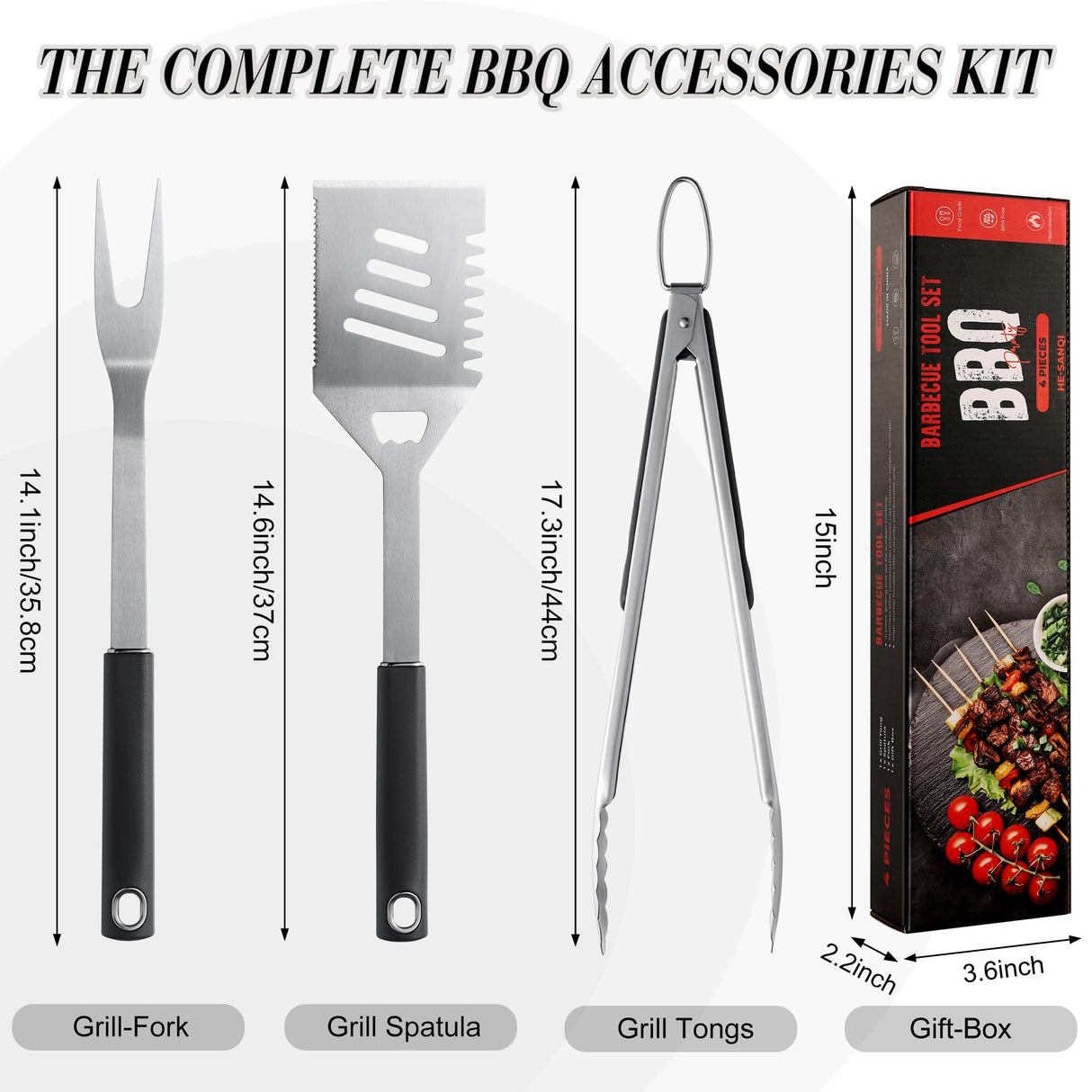 BBQ Accessories Grill Tools, Heavy Duty Grilling Accessories Barbecue Accessories Stainless Steel Grill Accessories with Spatula, Fork, Tongs and Gift-Box for Outdoor Grill, Home Grill (3PCS) HE-SANQI