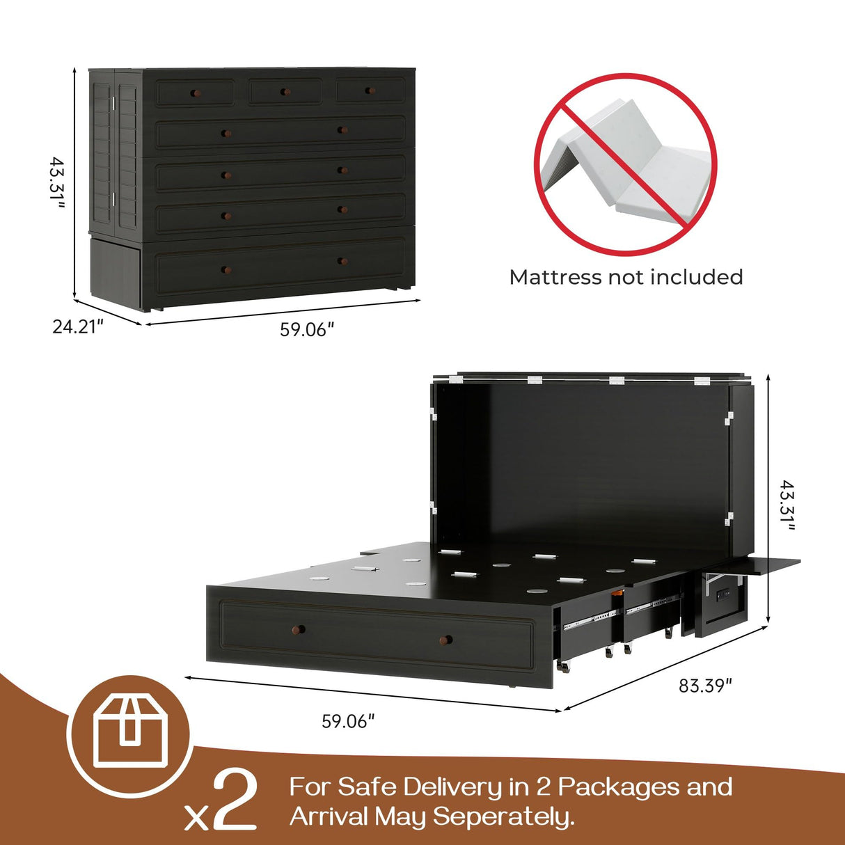 Tafeumob Murphy Bed Queen Size: Murphy Bed Cabinet with Drawer Space-Saving with Shelves&Charging Station for Bedroom, Multipurpose Area, Guest Room, Apartment Black (Mattress not Included) Tafeumob