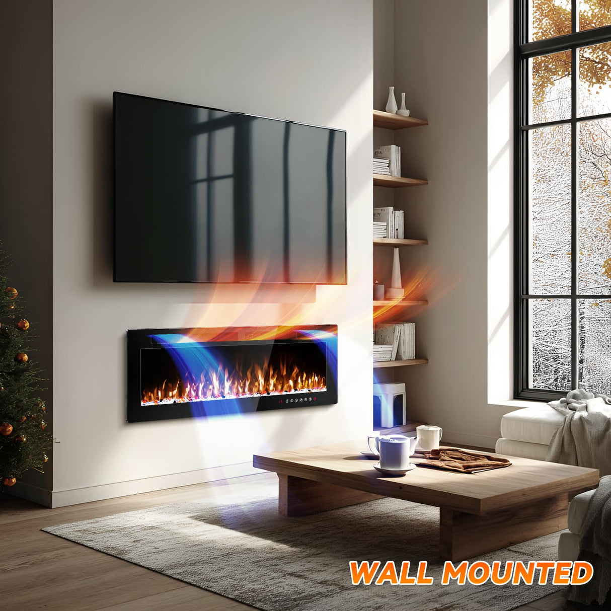 Tornivk 50 Inch Electric Fireplace Inserts Ultra-Thin Freestanding 750/1500W Electric Fireplace Heater Wall Mounted or Recessed Fireplace Electric with Adjustable Multicolor Flame,Timer Tornivk