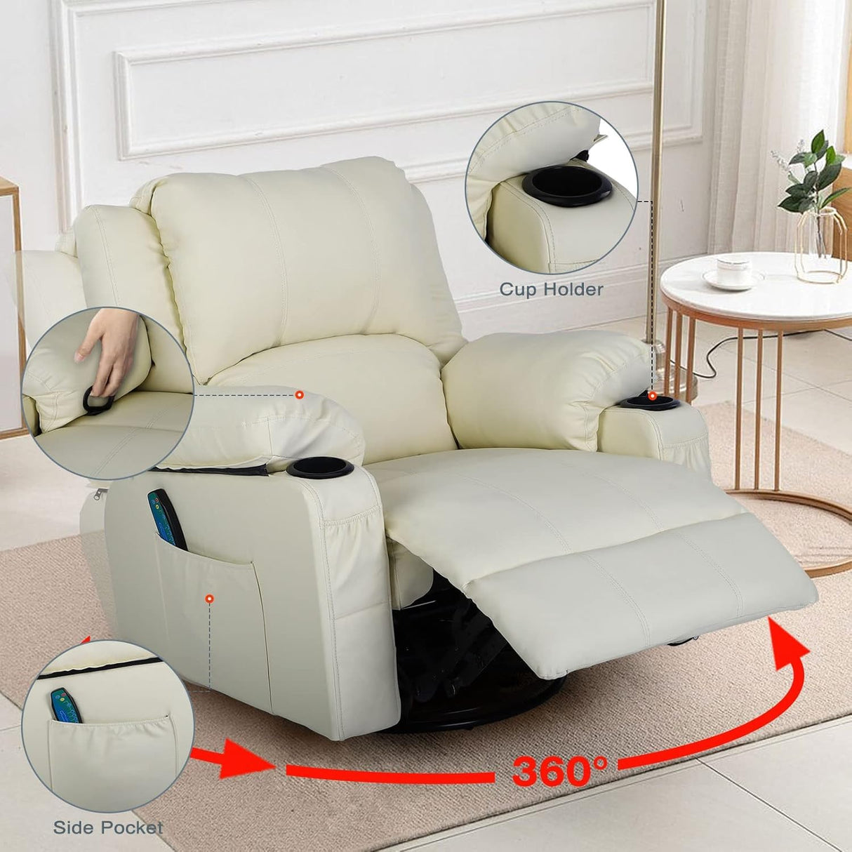 White Recliner Rocker Chairs with Heat,Massage Chair Recliner Leather Swivel Recliners for Living Room, Manual Reclining Lounge Chairs Overstuffed Single Sofa Chair for Adults KCREAM