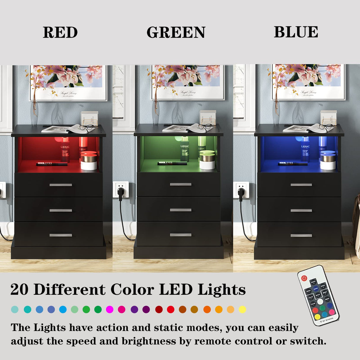 Halitaa Black LED Nightstand with Charging Station, Side Table with 3 Drawers and Light, End Table with Open Storage, Beside Cabinet for Bedroom (Black 2 set) Halitaa