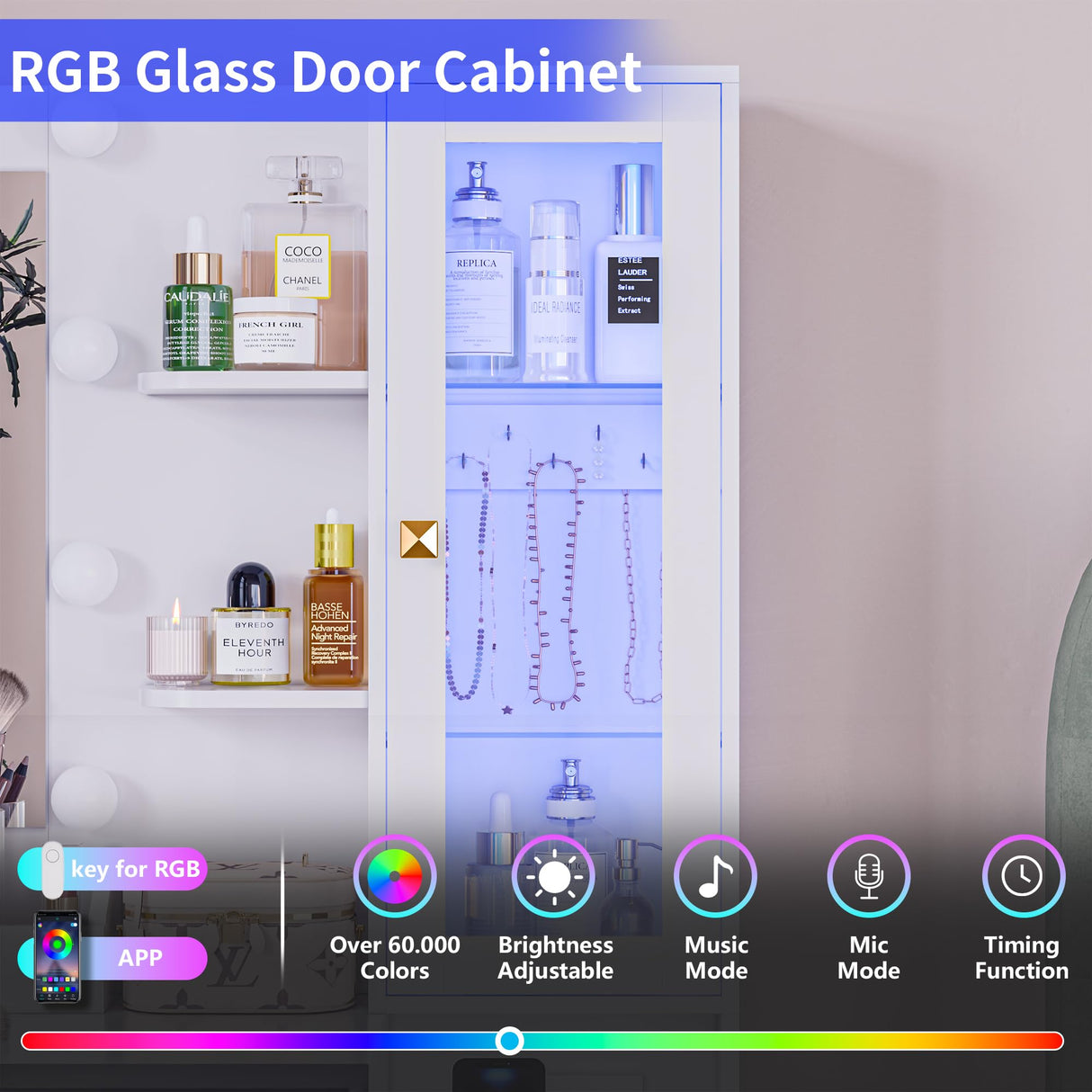 Vanity Desk with Mirror and Lights, White Makeup Vanity with 5 Drawers Hidden Jewelry Organizer& LED Glass Cabinet,3 Lights Mode and Brightness Adjusted,Vanity Mirror with Lights Desk and Chair HUANLEGO