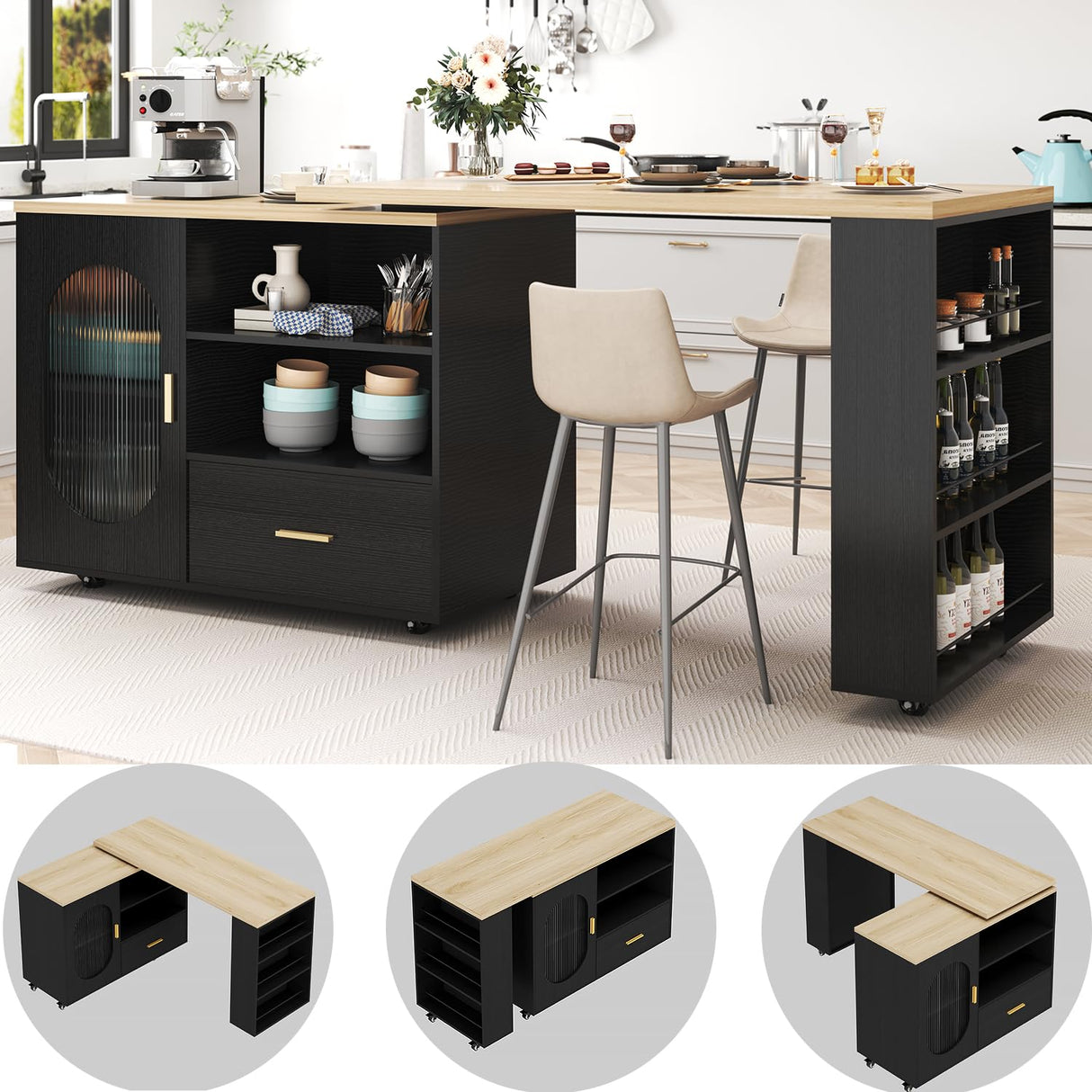 HSH 72" Rolling Kitchen Island with Seating, 360° Swivel Table, Kitchen Island with Storage Cabinet, Drawer & Shelves, Farmhouse Mobile Island Cart on Wheels for Dining Room & Home Bar, Black Oak HSH