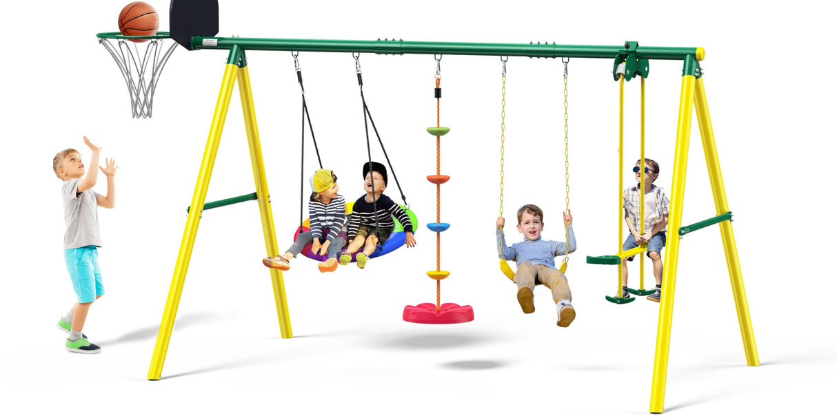 Osoeri Swing Sets for Backyard, 5-in-1 Kids Swing Set, Outdoor Swing Set with Saucer Swing, Glider, Rope Swing, and Basketball Hoop Osoeri