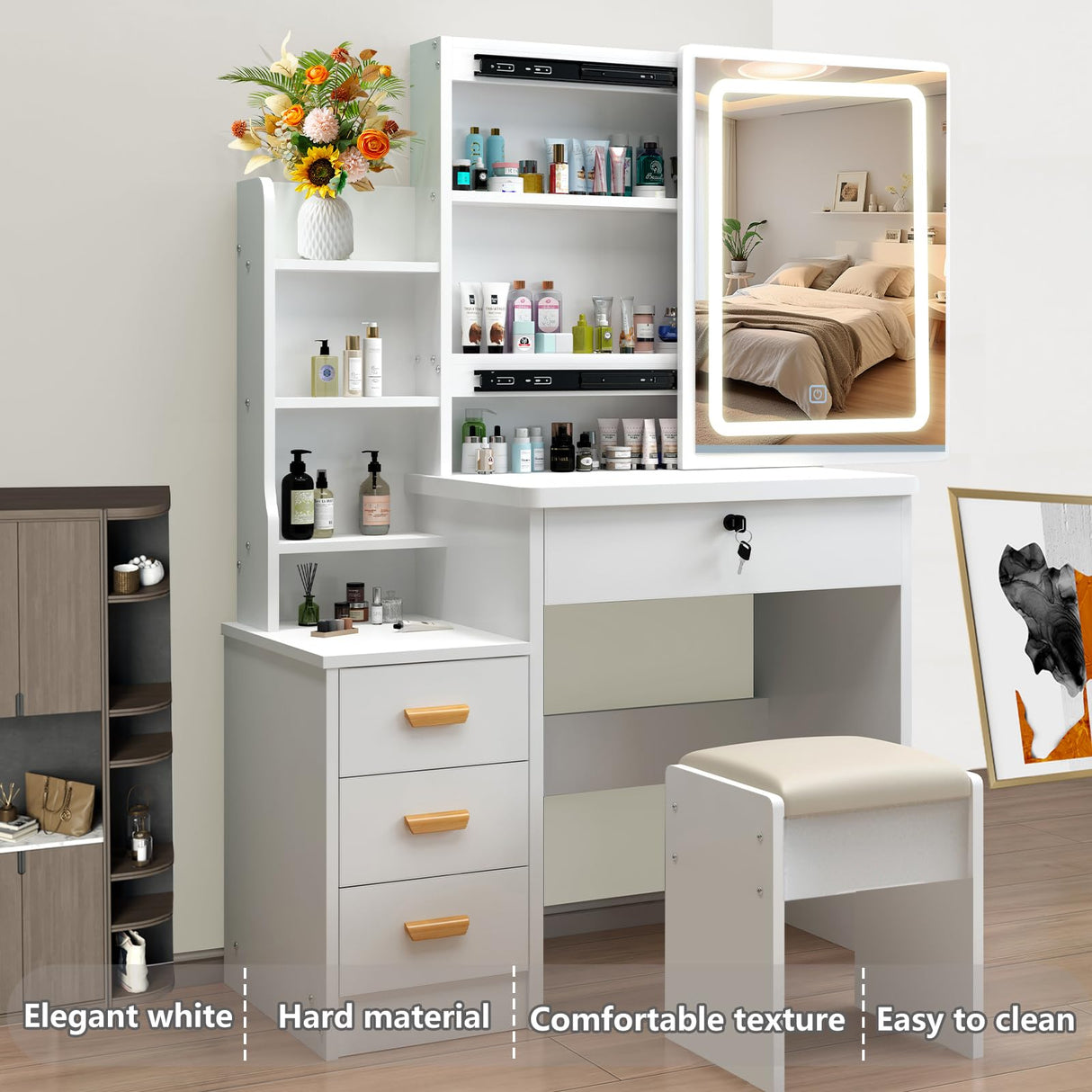 MONGMON Vanity Desk with Mirror and Lights, 3 Lighting Modes, European Style Dressing Table with Drawers, with Open Storage Shelves,Makeup Vanity Table for Bedroom,Gifts for Girls and Women, White MONGMON