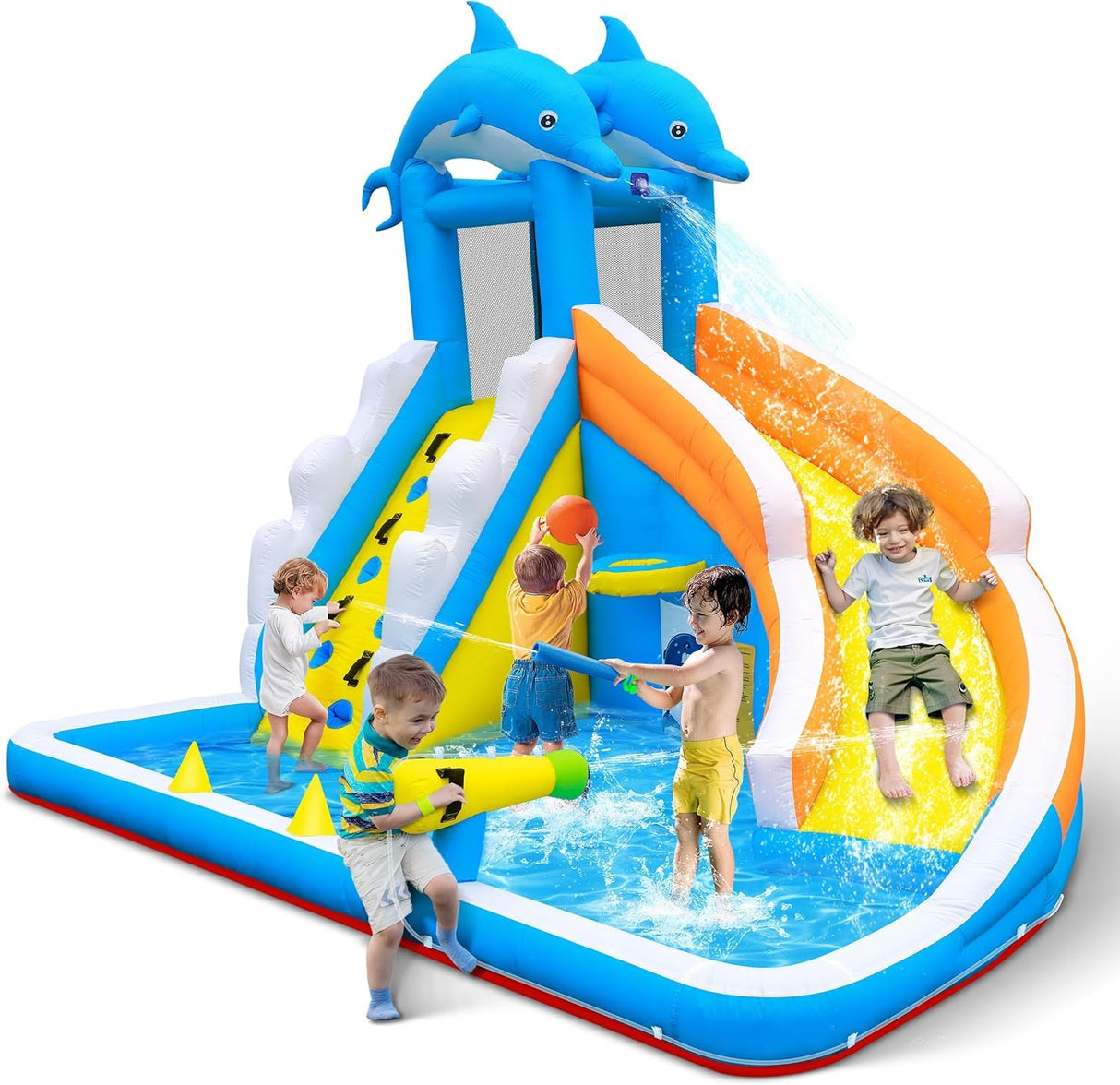 TOAOB Inflatable Water Slide,5 in 1 Dolphin Inflatable Bounce House for Kids- Climbing Wall Splash Pool Water Cannon Basketball Rim - 480W Blower - for Indoor Outdoor Backyard Birthday Party TOAOB