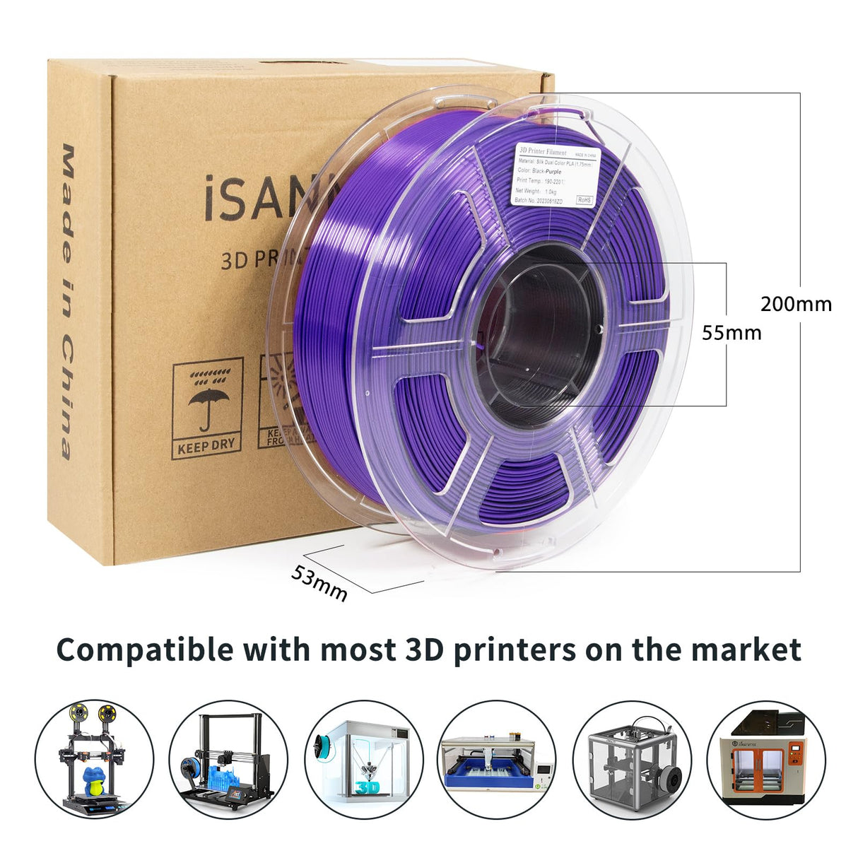 iSANMATE 3D Printer Filament, PLA Filament 1.75mm Dual Color Filament, Shiny Silk PLA Coextruded Filament, 3D Printing Filament Magic PLA, 1 kg/Spool (Black+Purple) iSANMATE