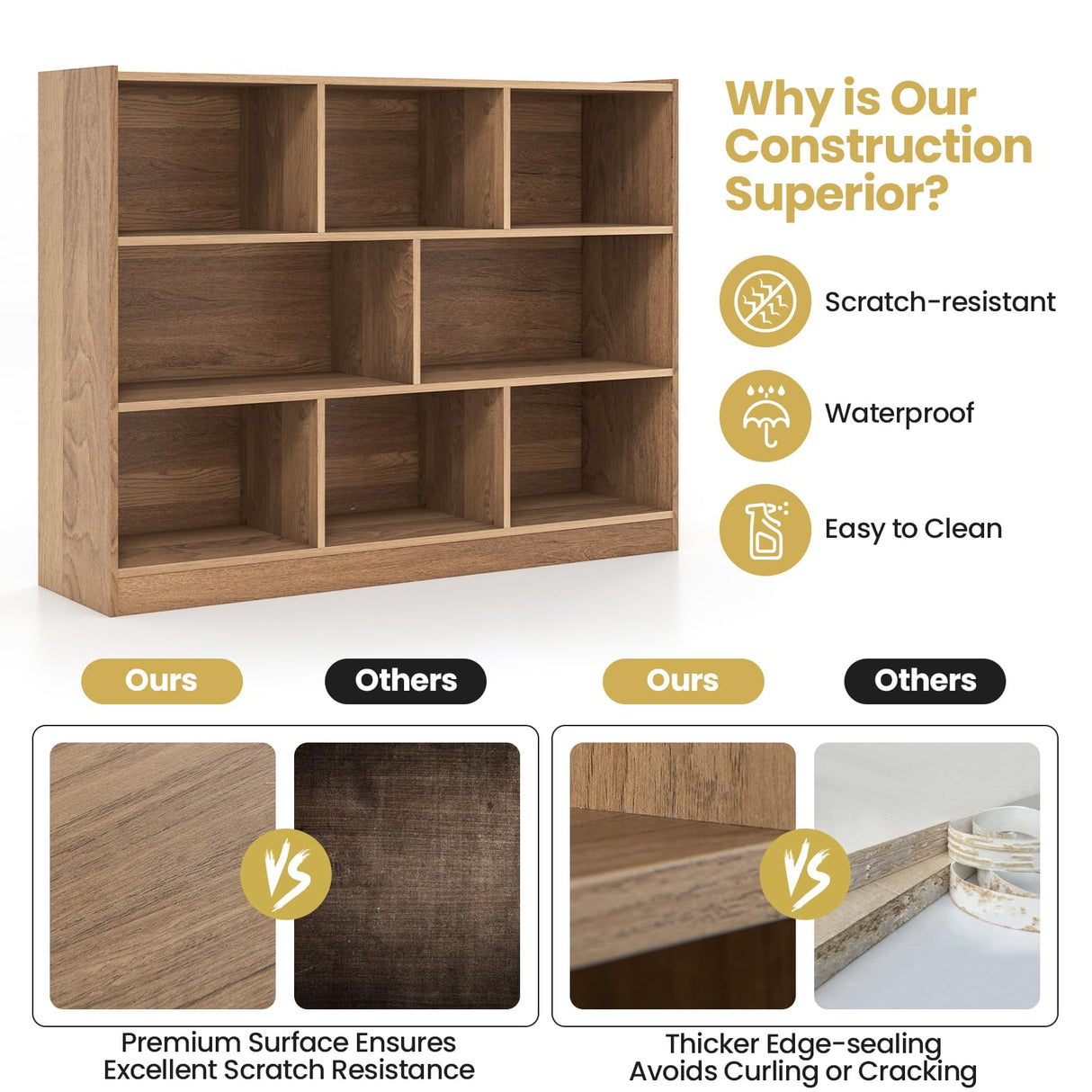 Tangkula Natural 8-Cube Wood Bookcase - Modern 3-Tier Open Storage Shelf for Stylish Organisation Tangkula