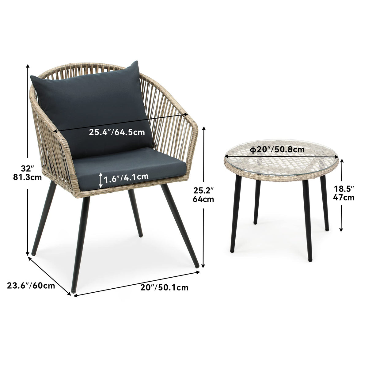YITAHOME 3-Piece Outdoor Patio Furniture Wicker Bistro Set, All-Weather Rattan Conversation Chairs for Backyard, Balcony and Deck with Soft Cushions, Glass Side Table, Gray Rattan YITAHOME